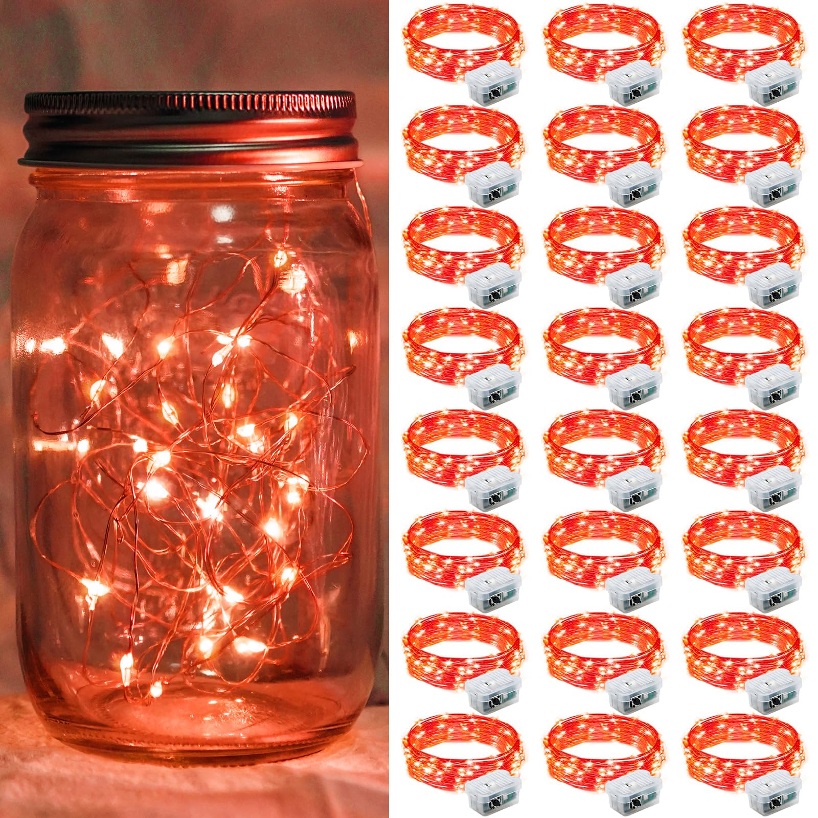 chzk 24 Pack Red Fairy Lights 7Ft 20 LED Twinkle String Lights Battery Operated Lights Waterproof Firefly Starry Lights Mason Jar Lights for Party Halloween Christmas Valentines Day (24, Red)