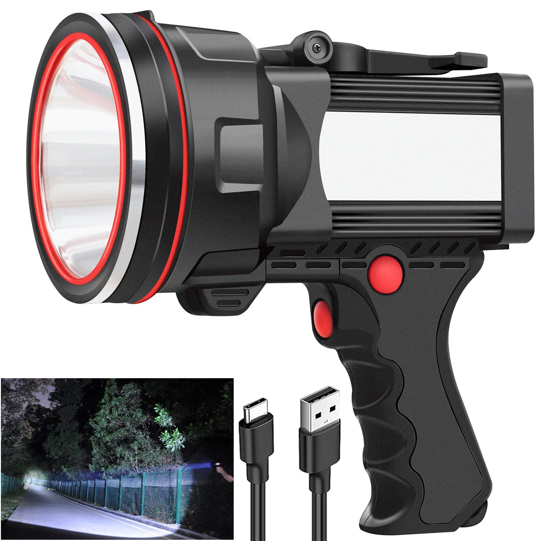 anlook Rechargeable Spotlight Flashlight, Super Bright Handheld Spot Light with COB Light & Foldable Stand, Waterproof Long Last
