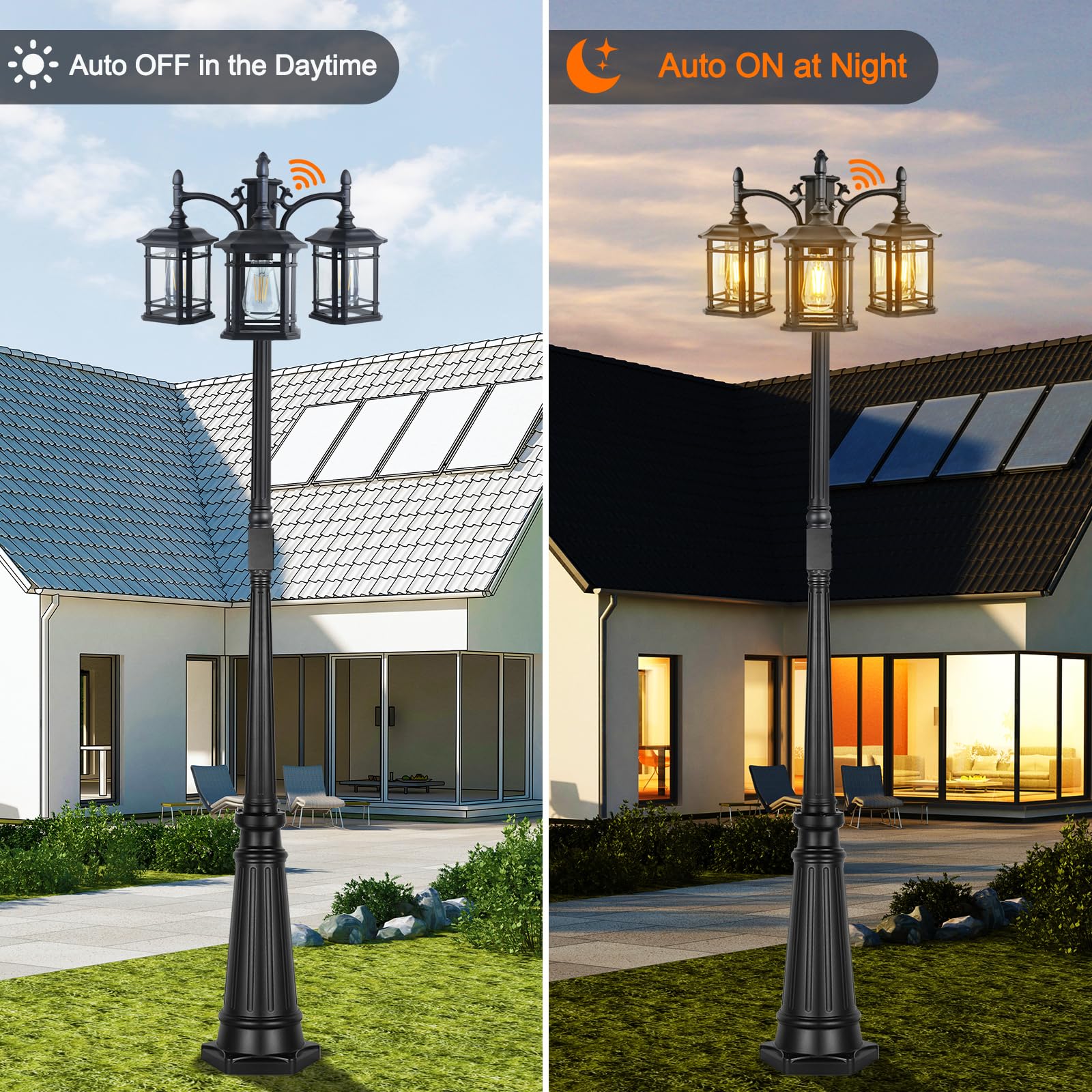 PARTPHONER Dusk to Dawn Outdoor Lamp Post Light, Black with GFCI Outlet, 3-Head Waterproof Street Lights, 3 LED Bulbs Included