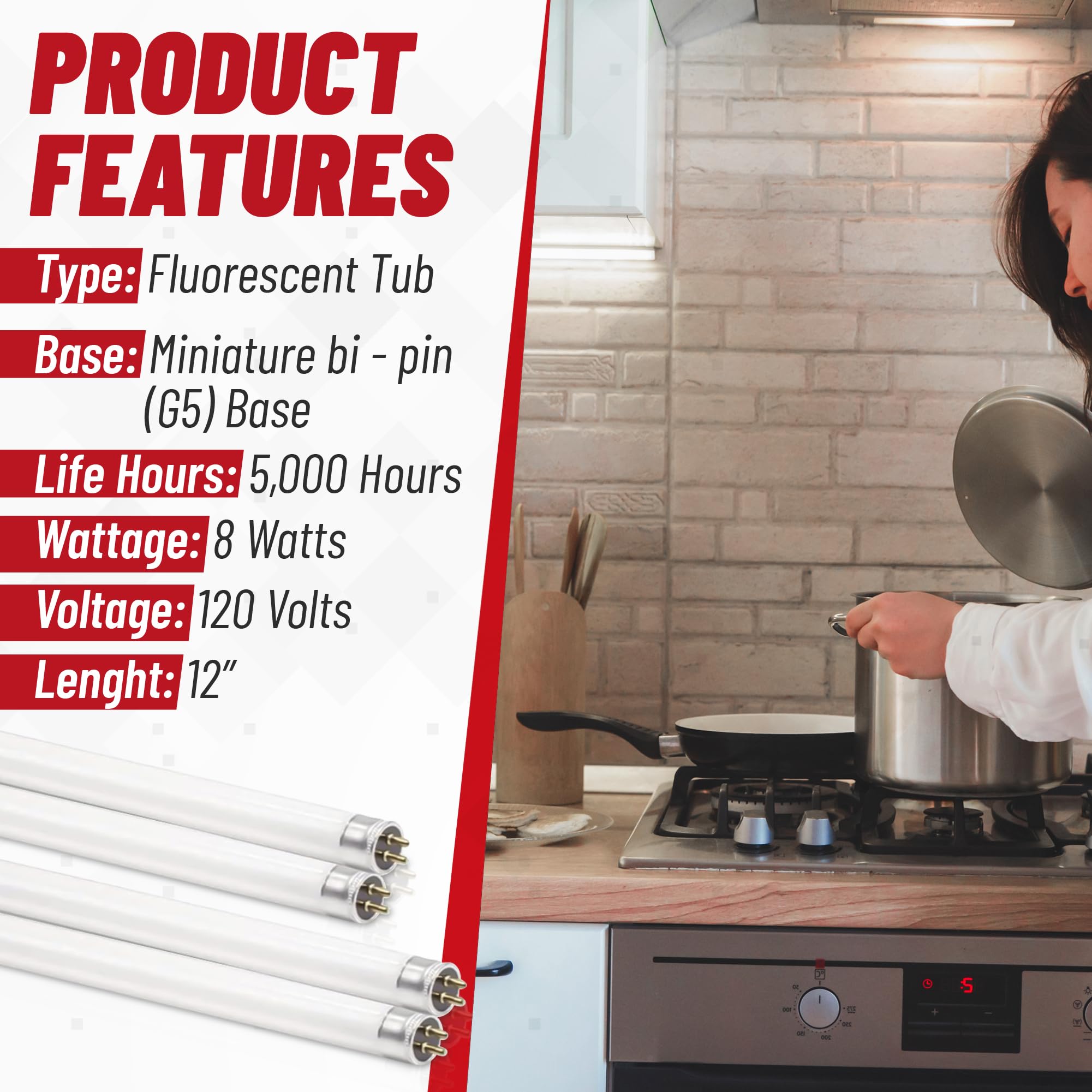 BULBMASTER F8T5/WW 8W Warm White 3000K Fluorescent Tube Light Bulb 12” Linear T5, 380 Lumens, 120V