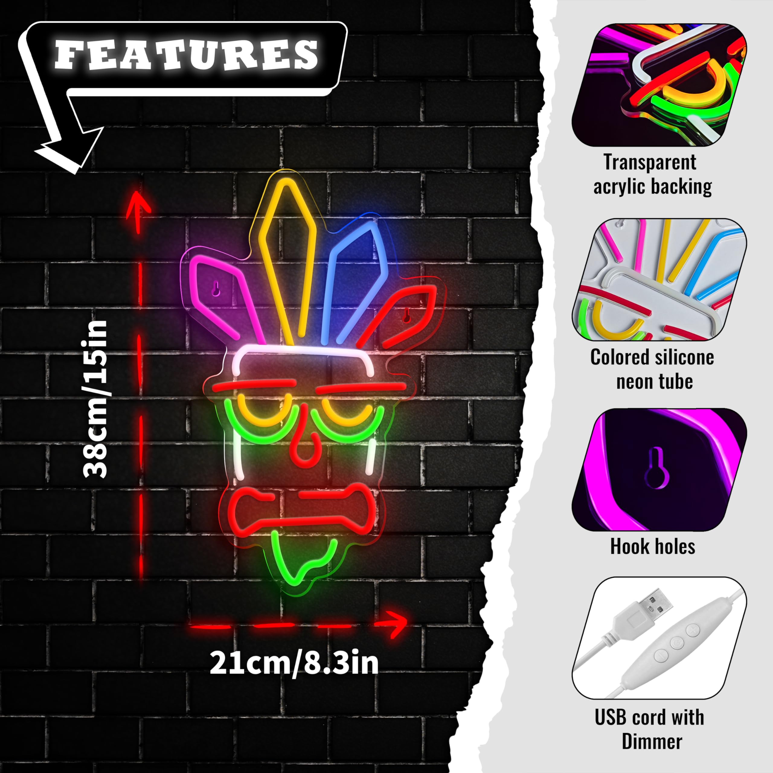 VIKLIU Neon Sign - Dimmable LED Tiki Bar Wall Decor, USB Powered, Acrylic, 15x8.3, Multicolor