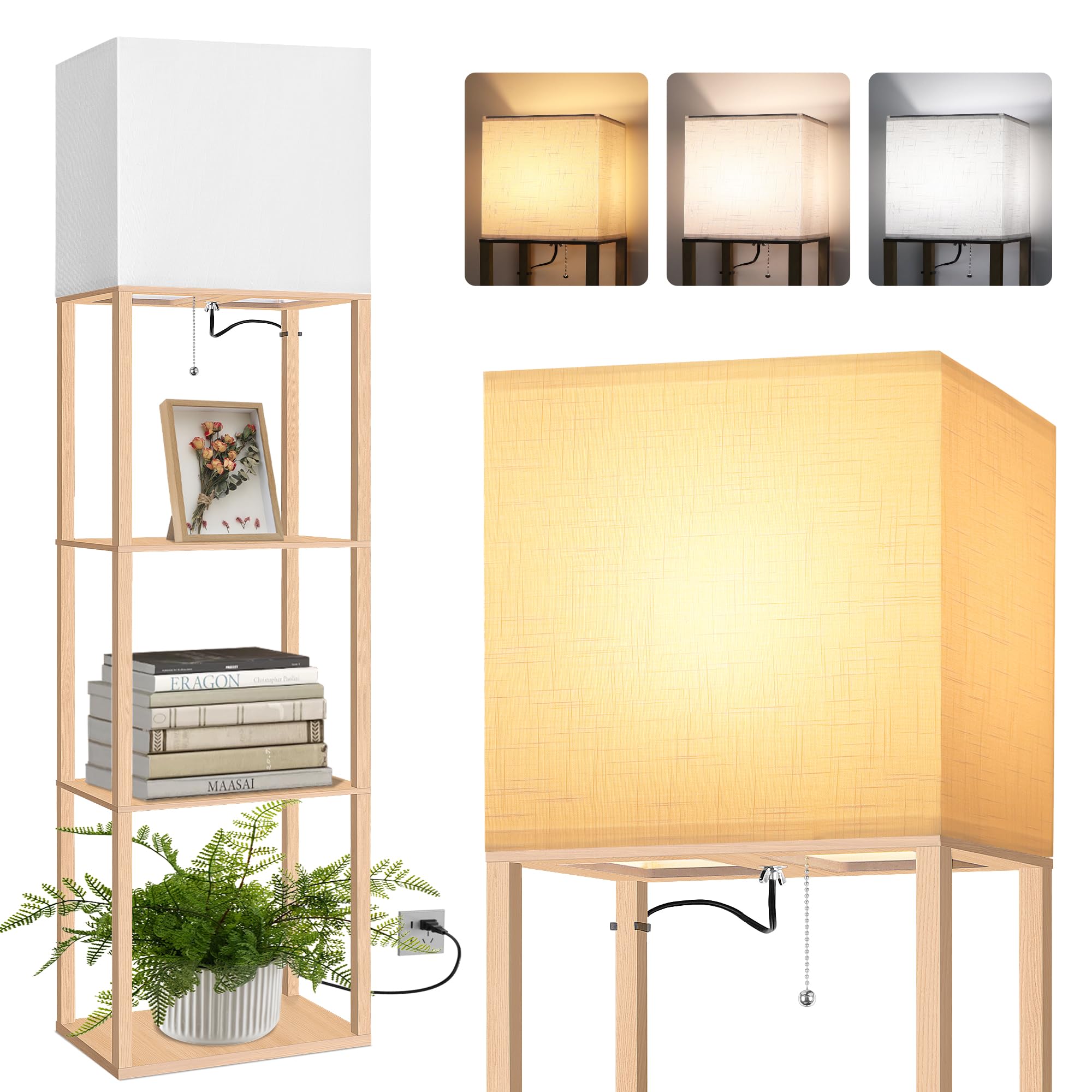 Dott Arts Floor Lamp with Shelves, 15.7in Wide, Wood, Burlywood, Model WLM1600-FLA-15W-11, 3 Color LED Bulb