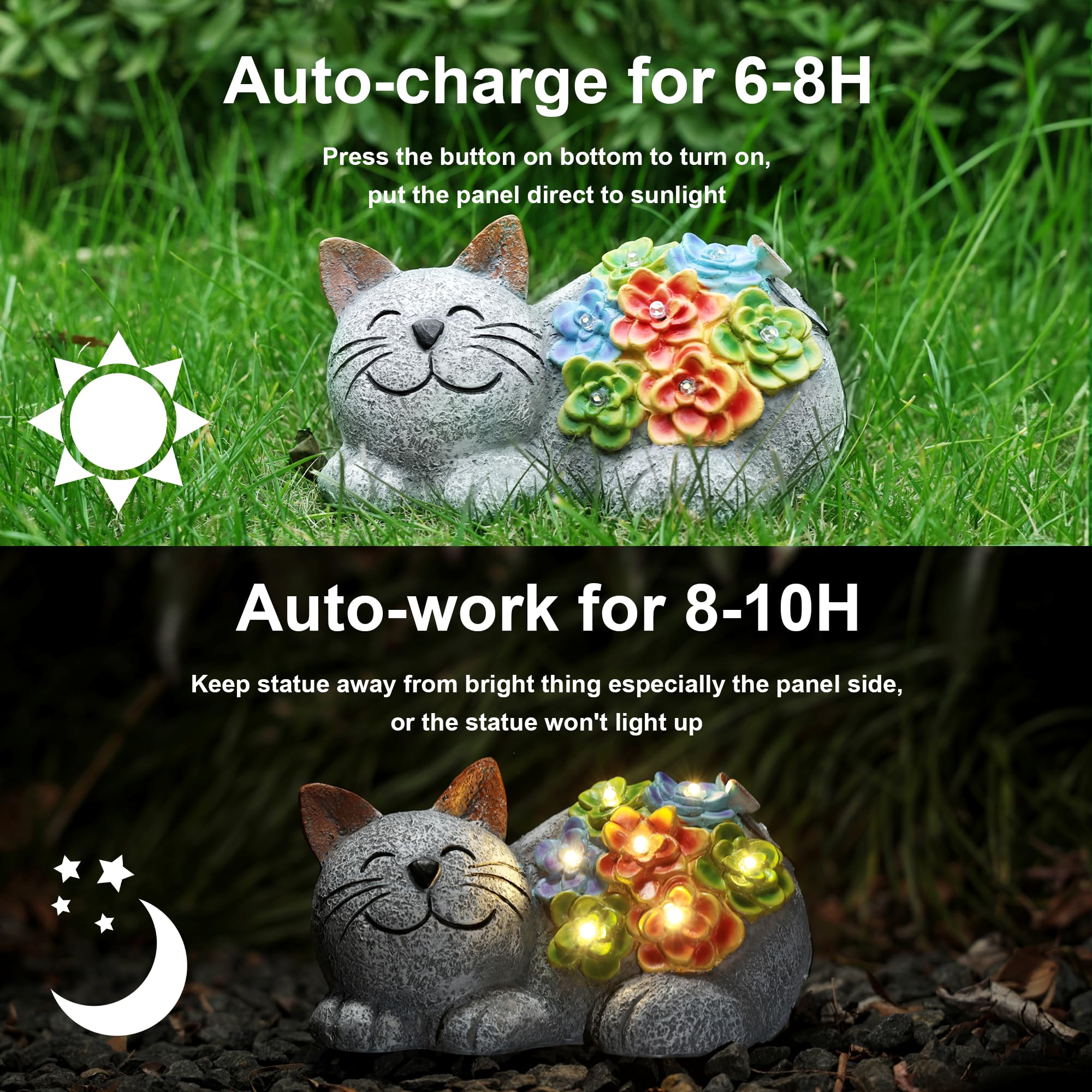 Otdair Solar Garden Decor Cat with Succulent, 7 LED Lights, 6.8inx4.3inx4.1in, Gray, Model XMD-Flo, Outdoor Gift for Cat