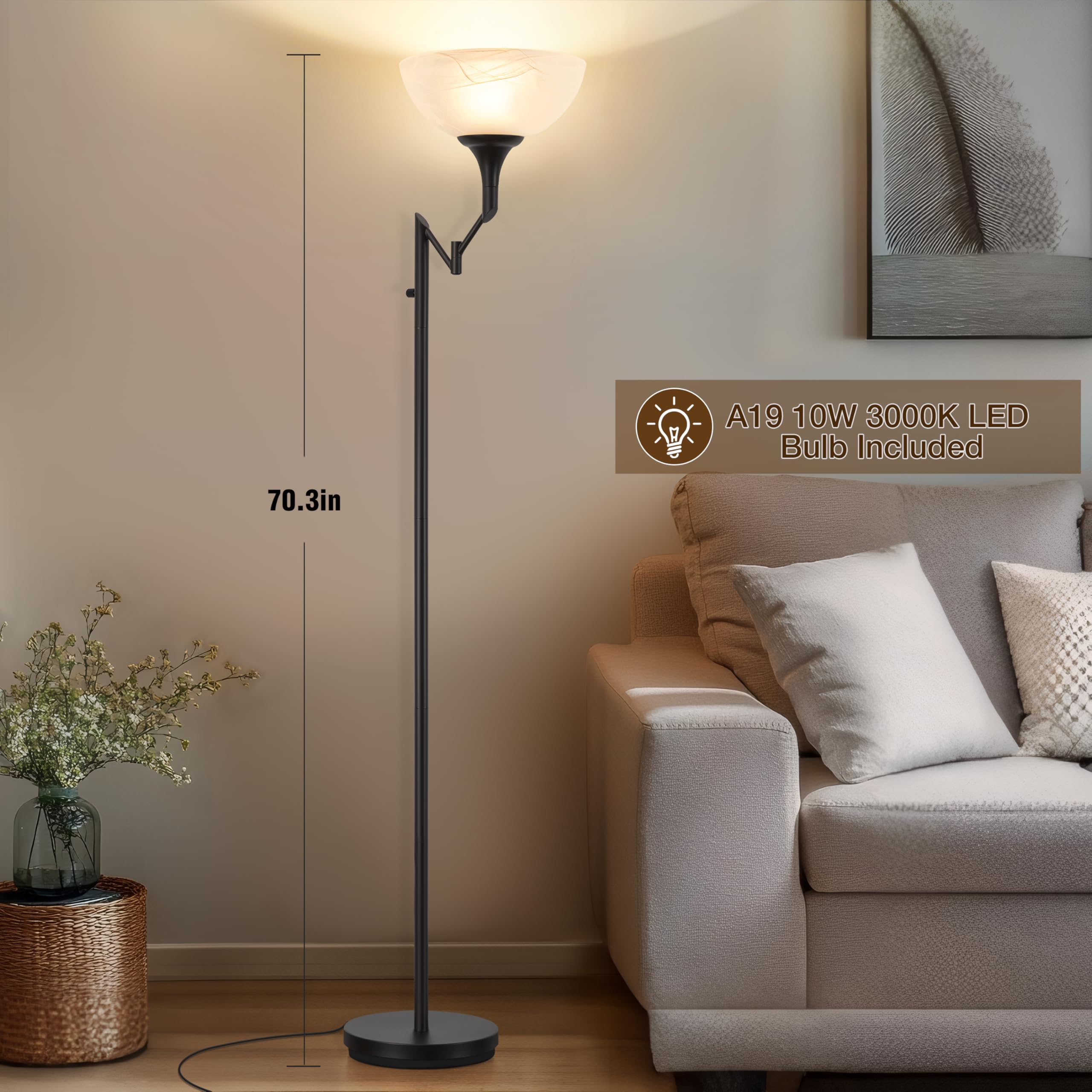 EJIAXIN 70" Black Torchiere Floor Lamp with Glass Shade & Adjustable Swing Arm, Model 8002 - Ideal for Living Room & Office