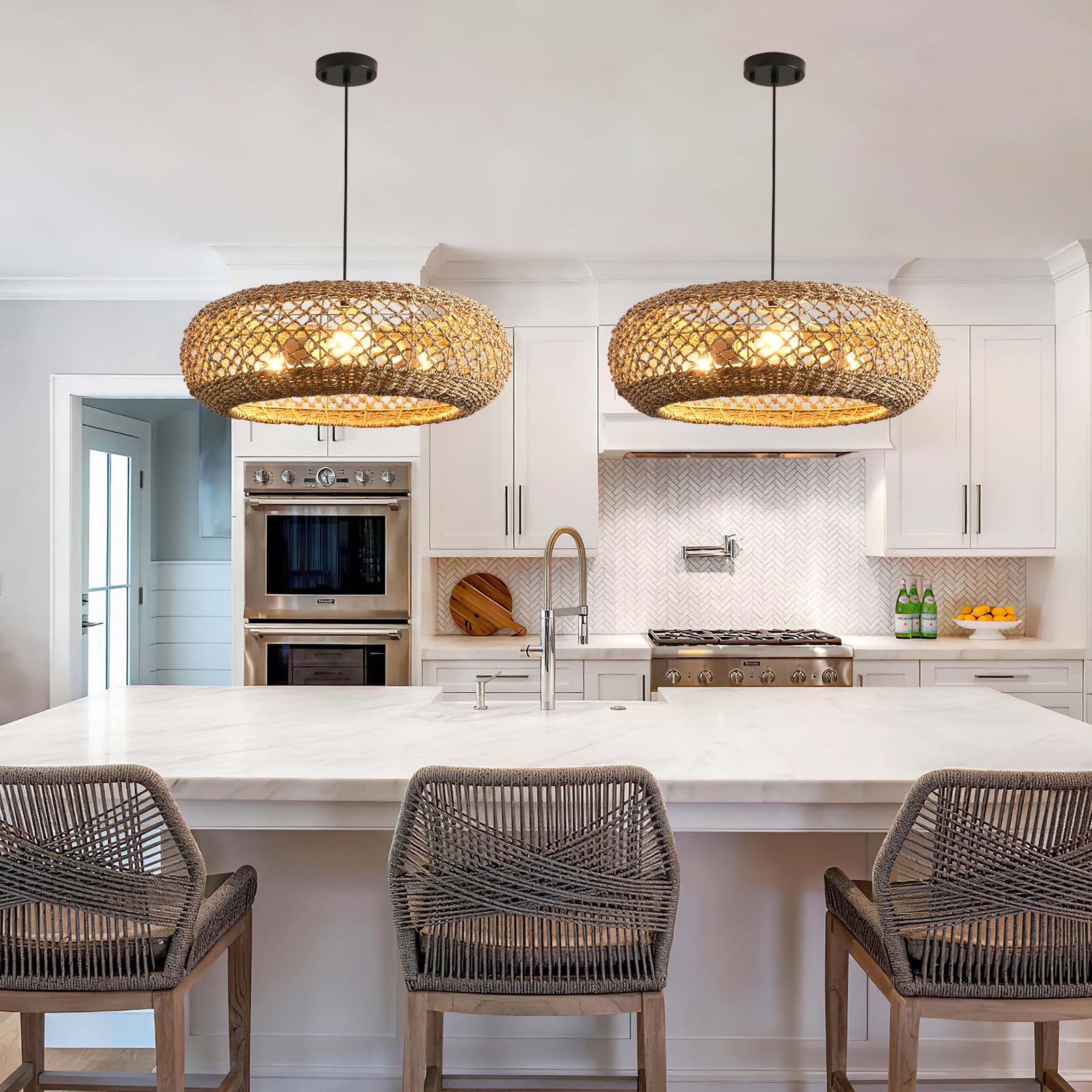 Lhjihfu 3- Lights 20.1'' Rattan Hanging Pendant Light Fixture, Handmade Woven Wicker Bohemian Pendant For Kitchen Island Bedroom