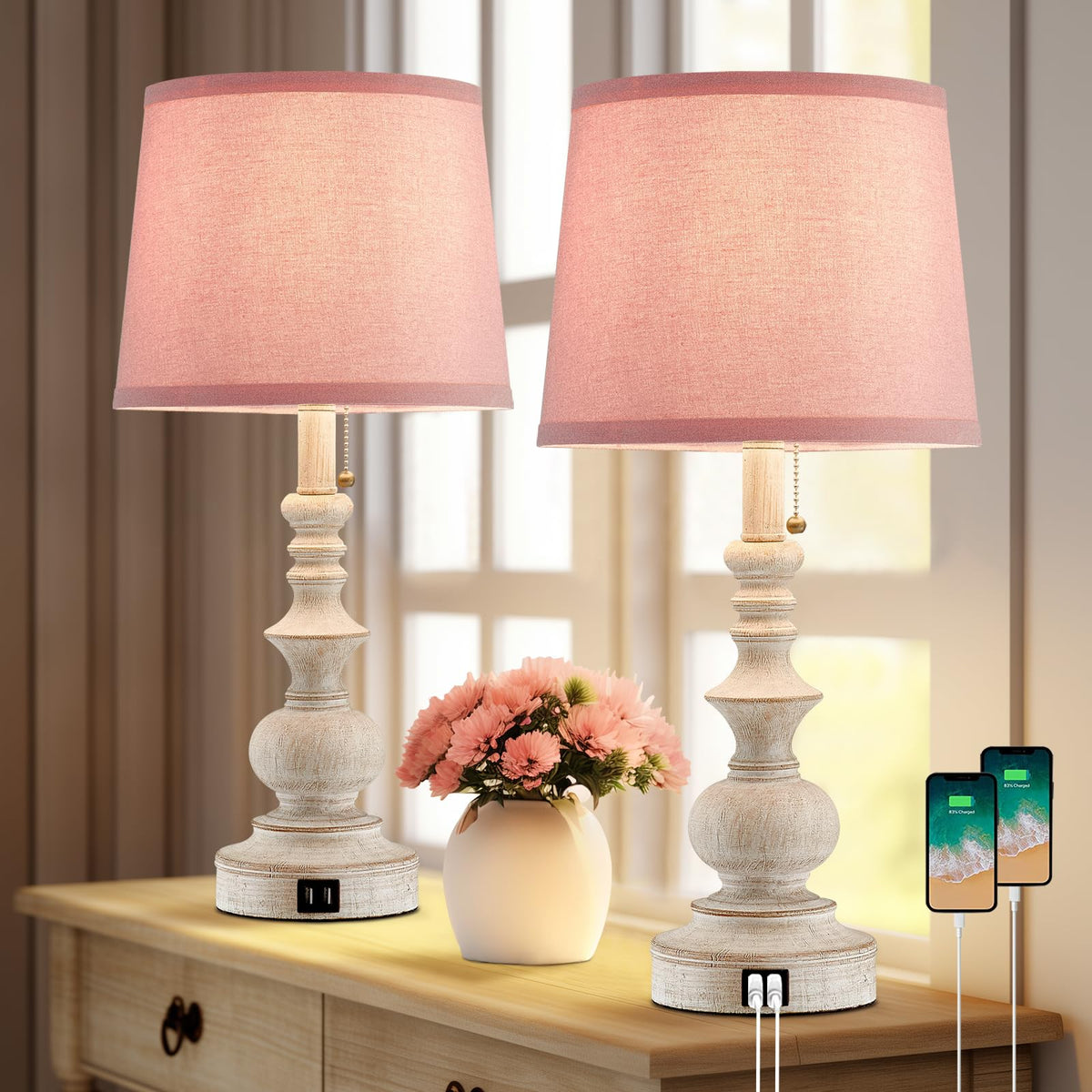 Drawealth 22'' Bedside Table Lamps Set Of 2 Modern Farmhouse Nightstand Lamps For Bedroom With Usb Charging Ports Vintage Boho T