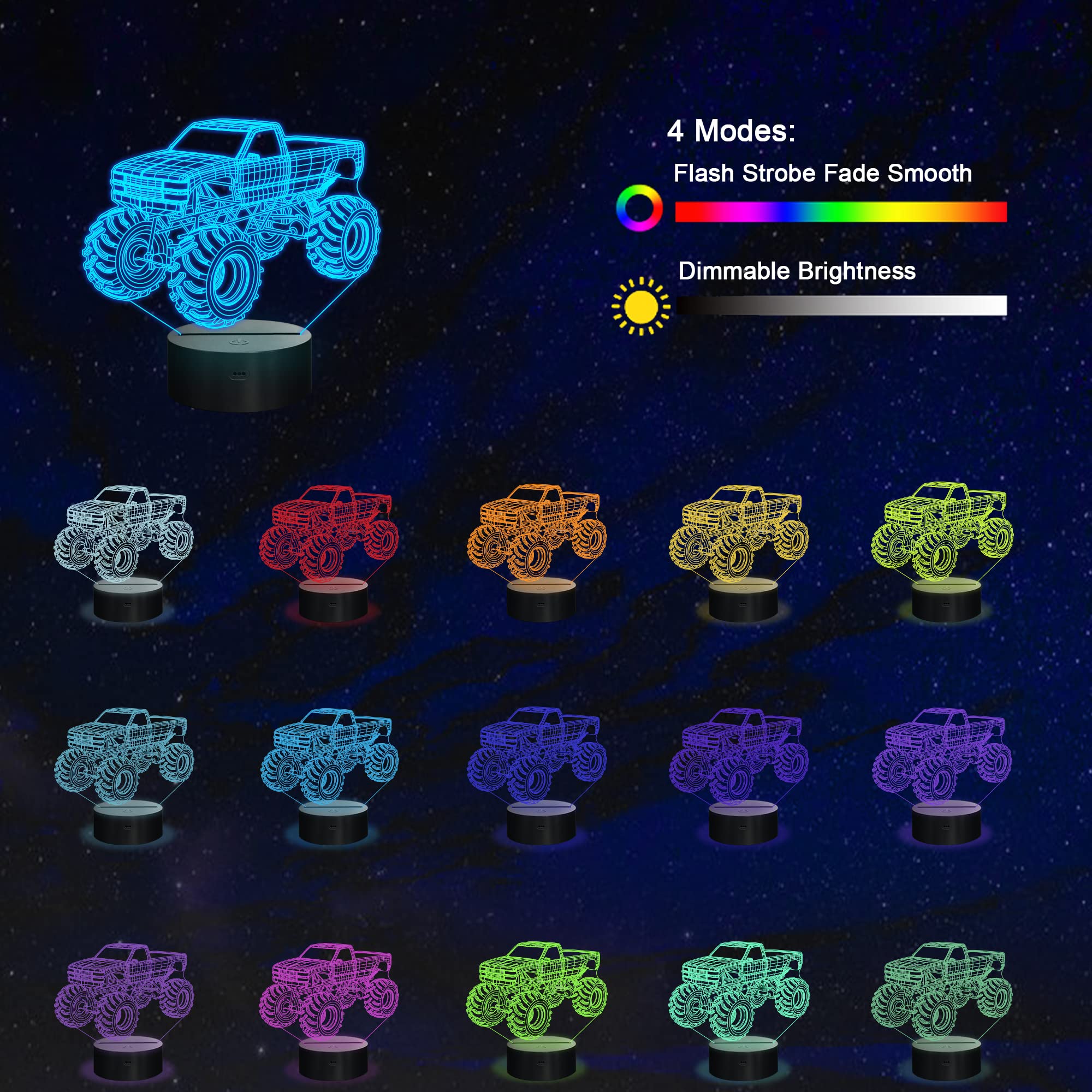 YuanDian 3D Night Light, Monster Truck Design, 16 Color LED, Acrylic Table Lamp, Kids Bedroom Decoration, Model FS-2810-9999, Multicolor