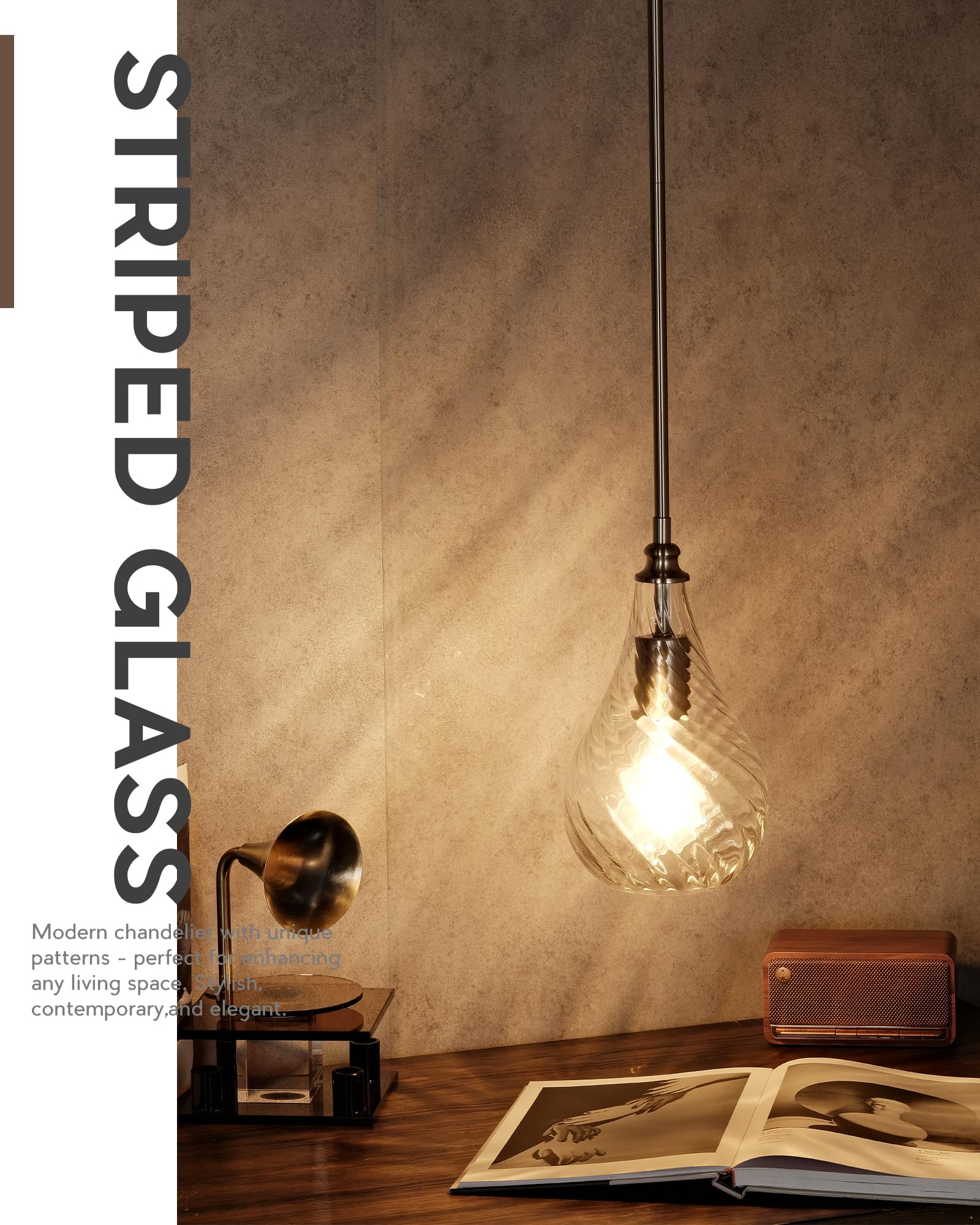 Tengxin Mini Pendant Light - Kitchen Island Light, Brushed Nickel Finished Striped Glass, Farmhouse Style For Dining Room, Bedro