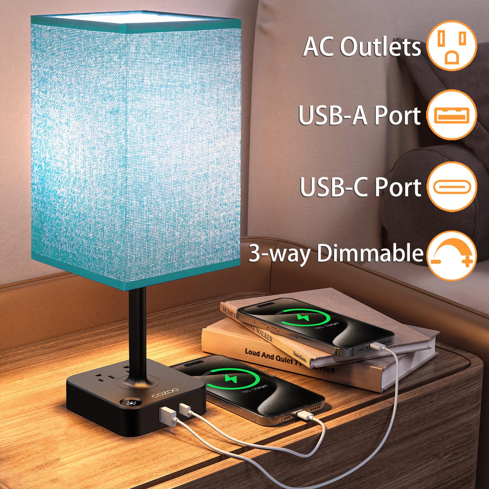 Cozoo Usb Bedside Dimmable Table Desk Lamp With 2 Usb Charging Ports 2 Outlets Power Strip,Black Charger Base Green Fabric Shade