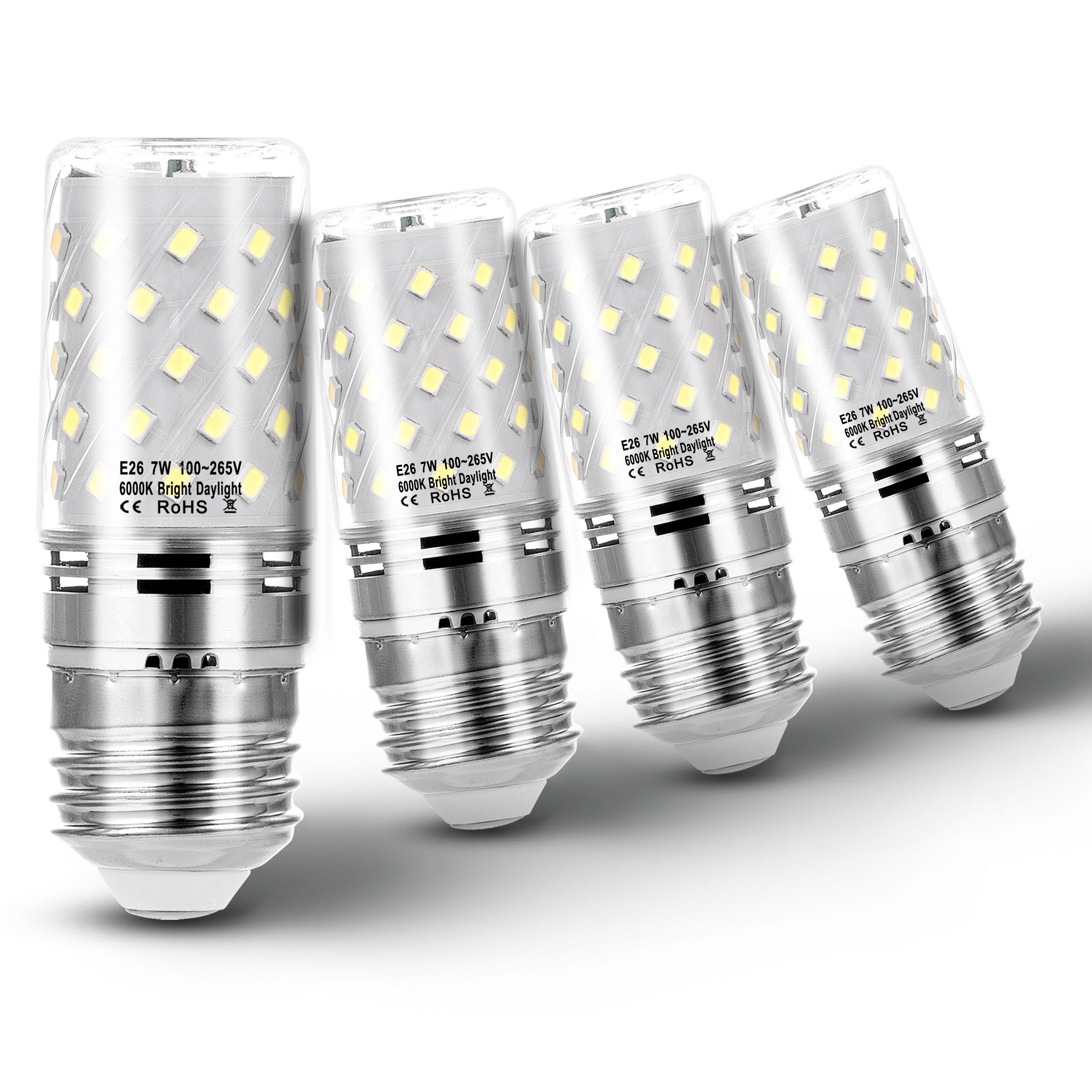 Heifymi E26 60 Watt Replacement Led Candelabra Corn Bulbs, E26 7W 6000K Bright Daylight White Led Ceiling Fan Bulbs 750Lm, E26 B