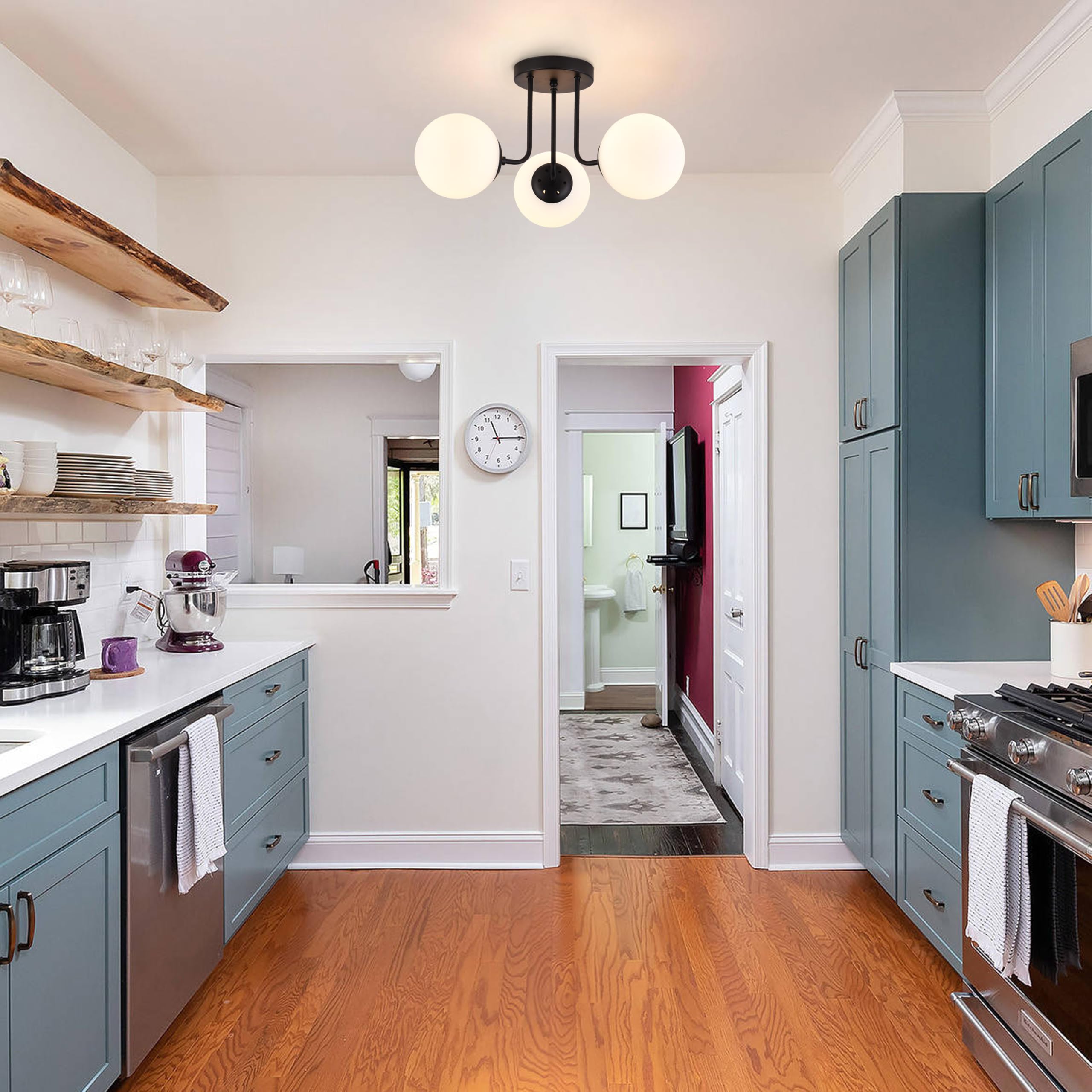 Koko&Yukina 3-Light Semi Flush Mount Ceiling Light With Opal Milk Glass Globe & Matte Black For Bedroom, Hallway, Entryway, Kitc