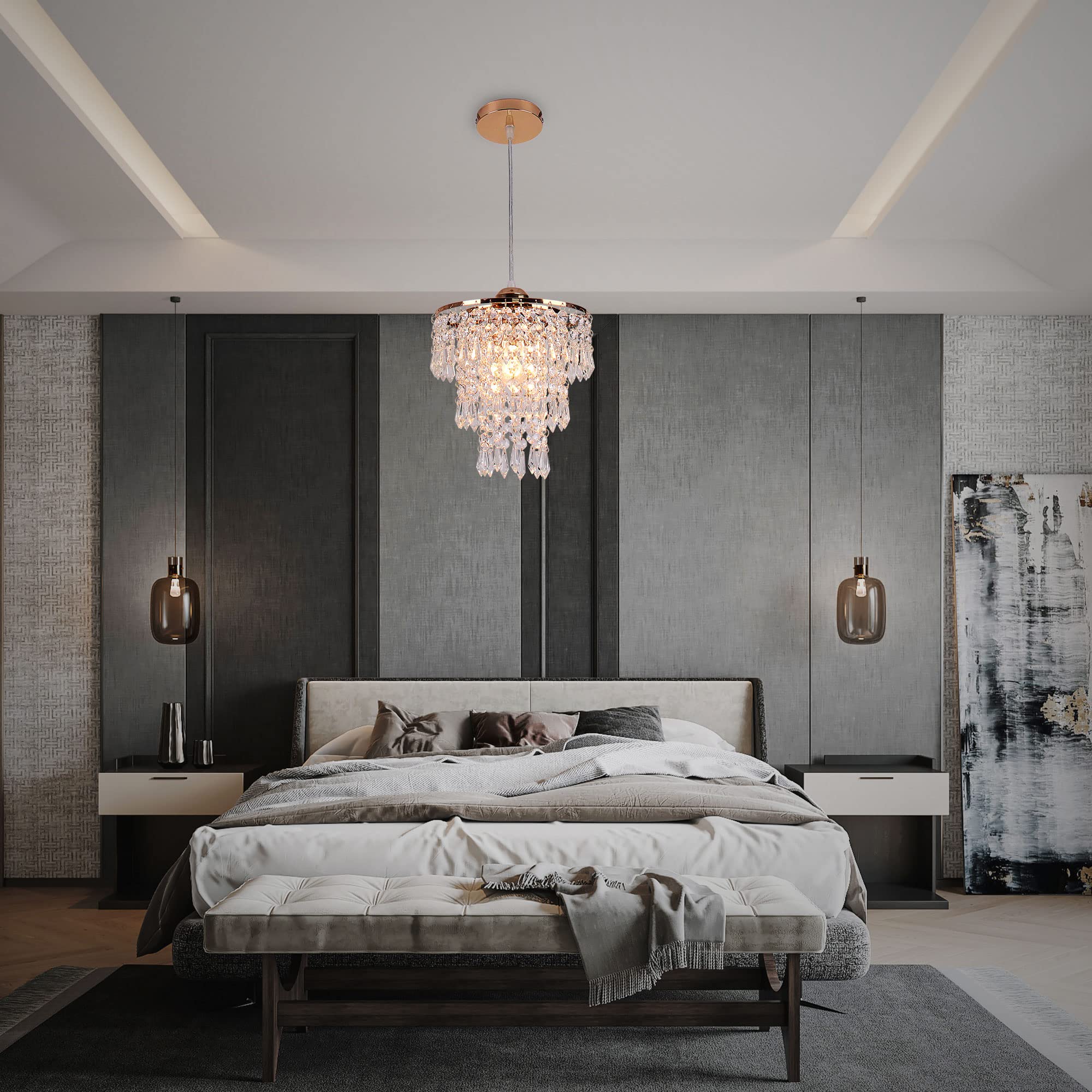 FRIXCHUR Small Gold Chandeliers - Modern Raindrop Crystal Ceiling Light Fixture, H48'', Polished Gold, Ideal for Bedroom & Hallway