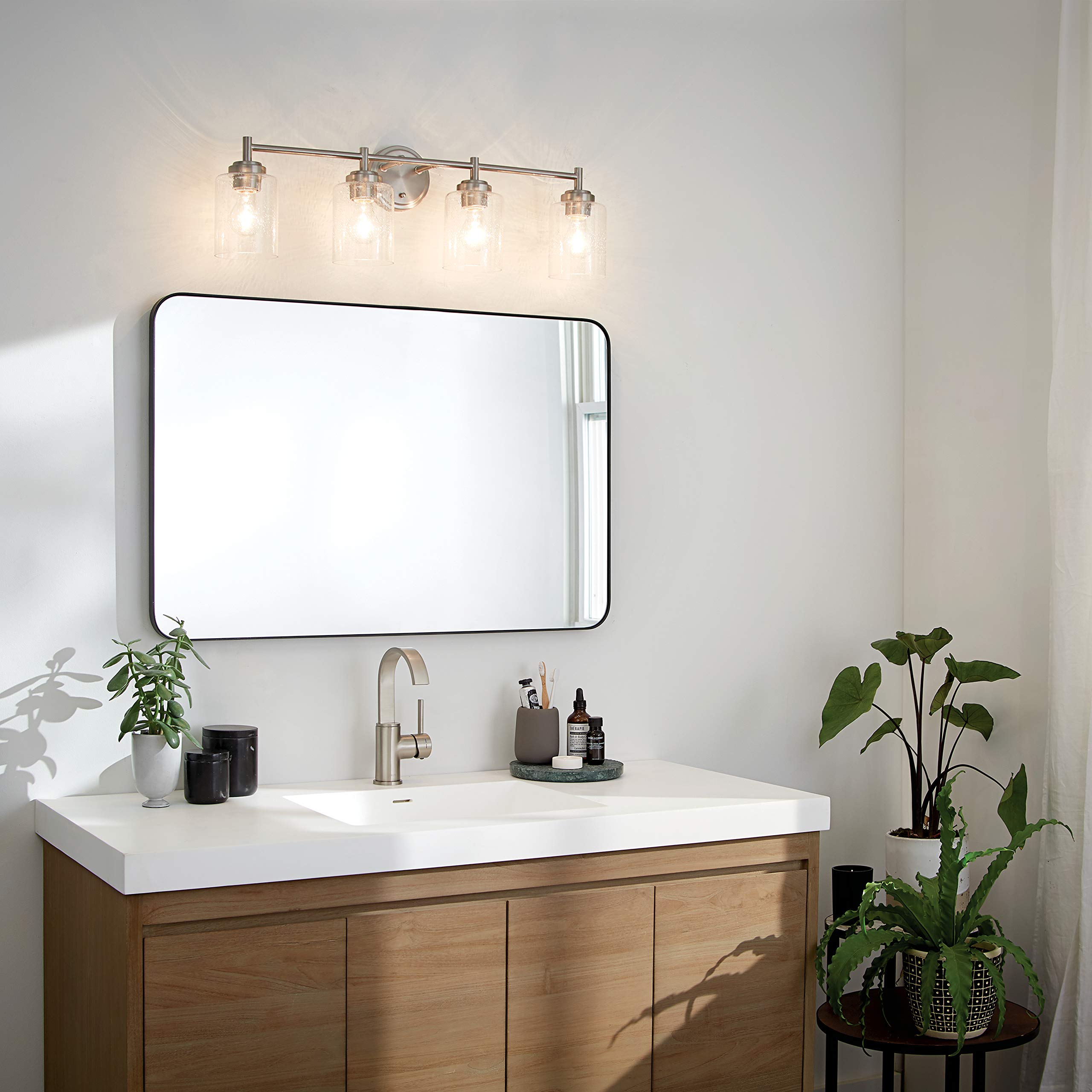 Kichler Winslow 30 Vanity Light in Brushed Nickel, 4-Light Transitional Bathroom Light with Clear Seeded Glass. (30 W x 9.25 H),