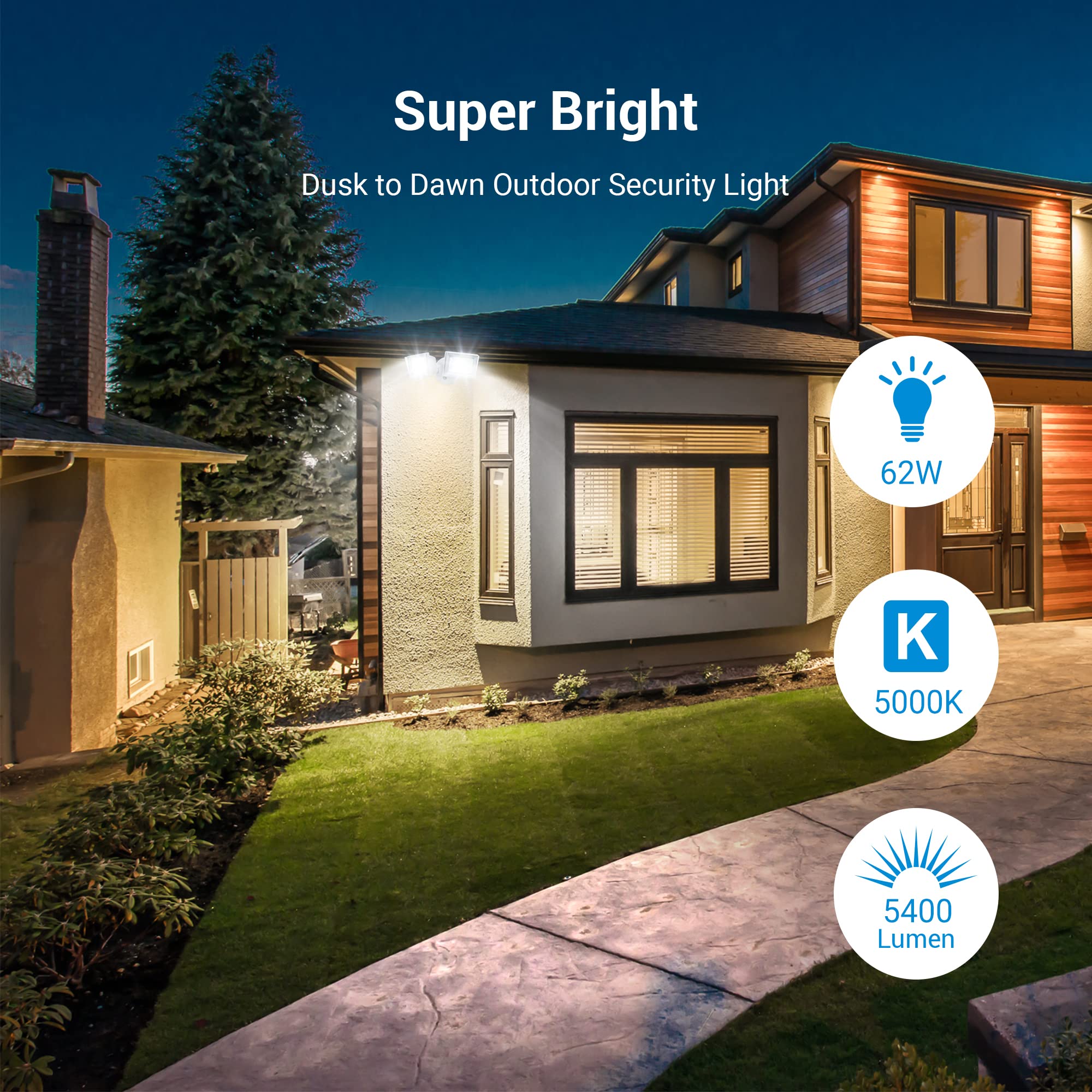 DEWENWILS LED Flood Light Outdoor 62W 5400LM Dusk to Dawn 5000K White Aluminum IP65 Waterproof Adjustable Heads