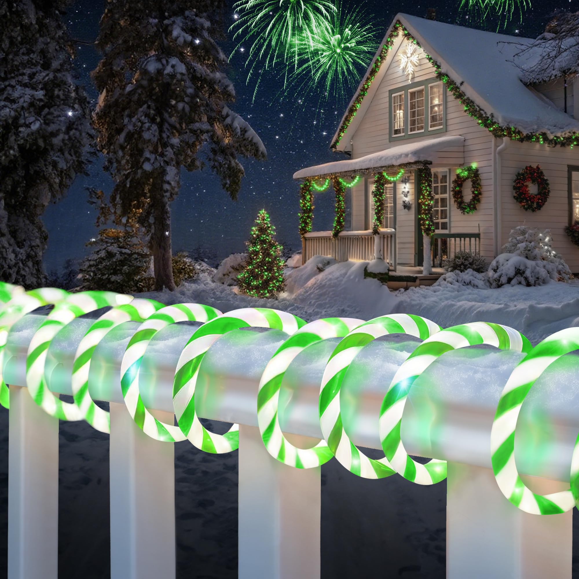 Jnaurb Christmas Candy Cane Lights  66ft 480 LED Connectable Flexible White & Green Candy Cane Rope Lights for Outside  8 Modes Waterproof LED Christmas Light for Garden Patio Tree Holiday Party Decor