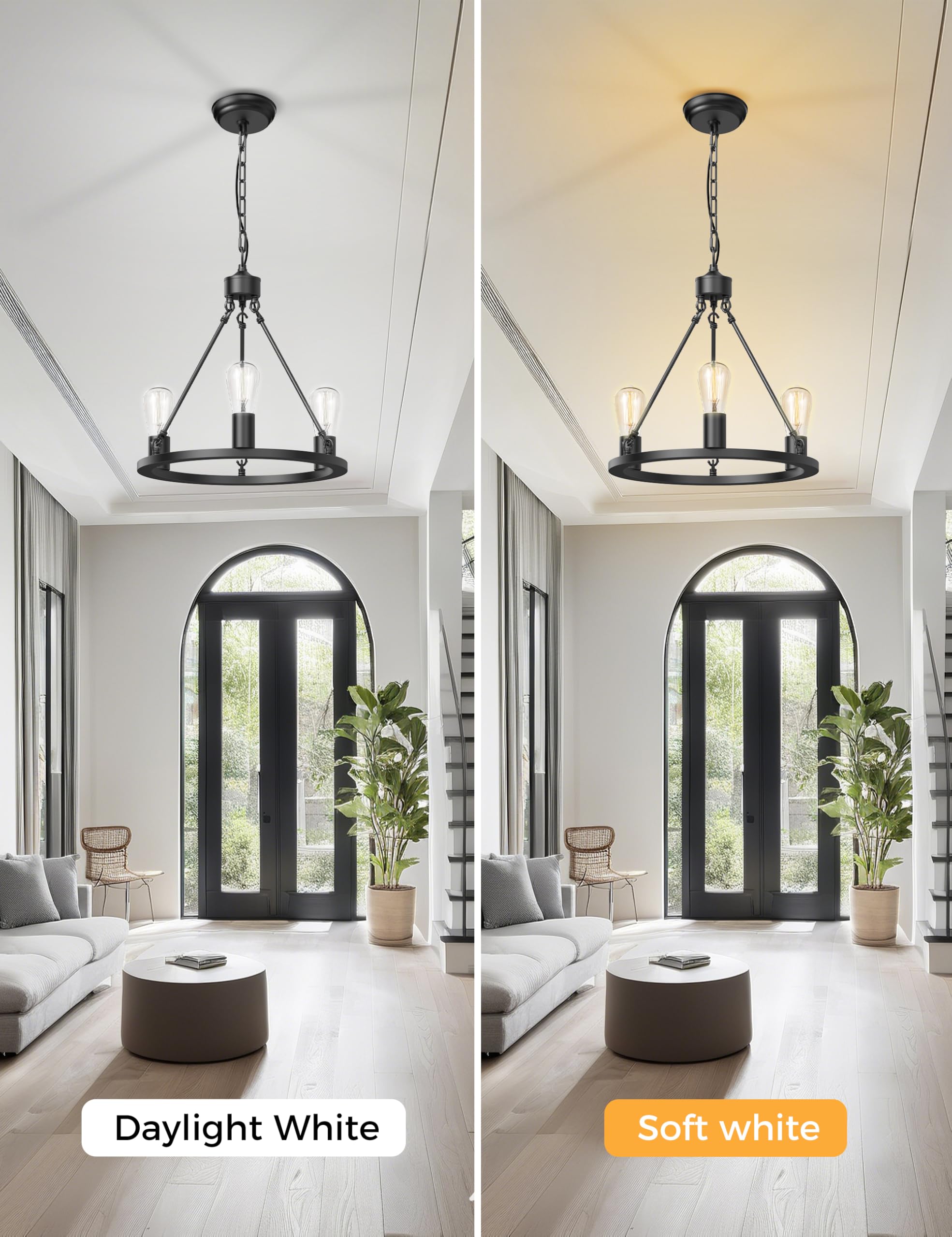 L LOHAS LED 3-Light Wagon Wheel Chandelier, 16" Adjustable Metal Fixture, Black for Dining Room & Kitchen Island