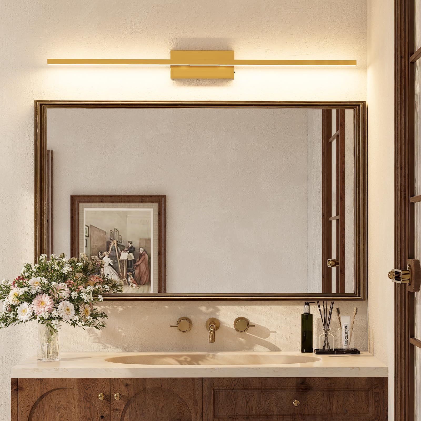 VOLISUN Bathroom Vanity Light 48in Brass LED, 30W Dimmable, 5CCT, Model 2160101ZM, Acrylic Fixture for Mirror Cabinets