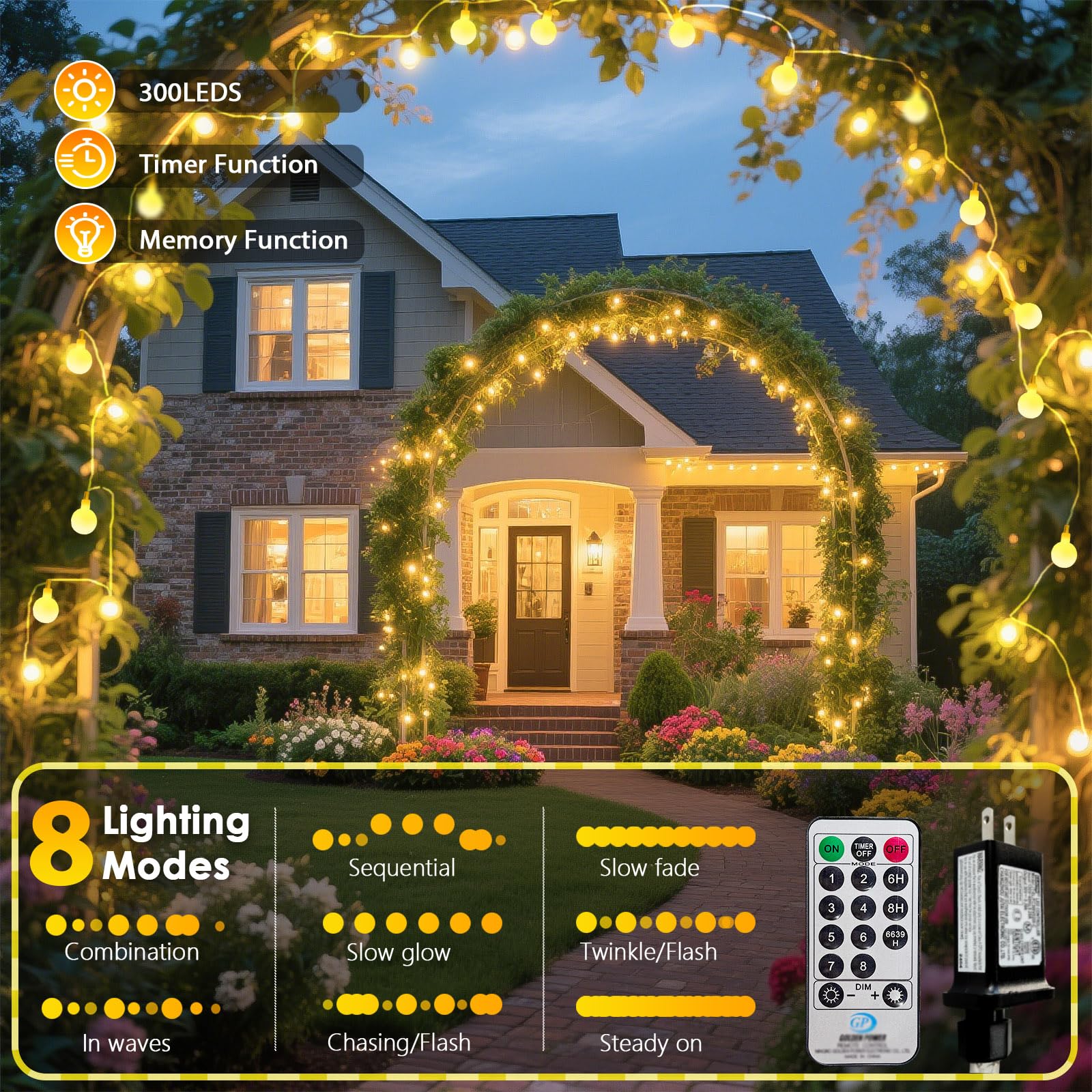 LORRYTE 300 LED Connectable String Lights, Warm White, 108ft, Waterproof, Remote & Timer, Model GP-SW290DC0209-IP44