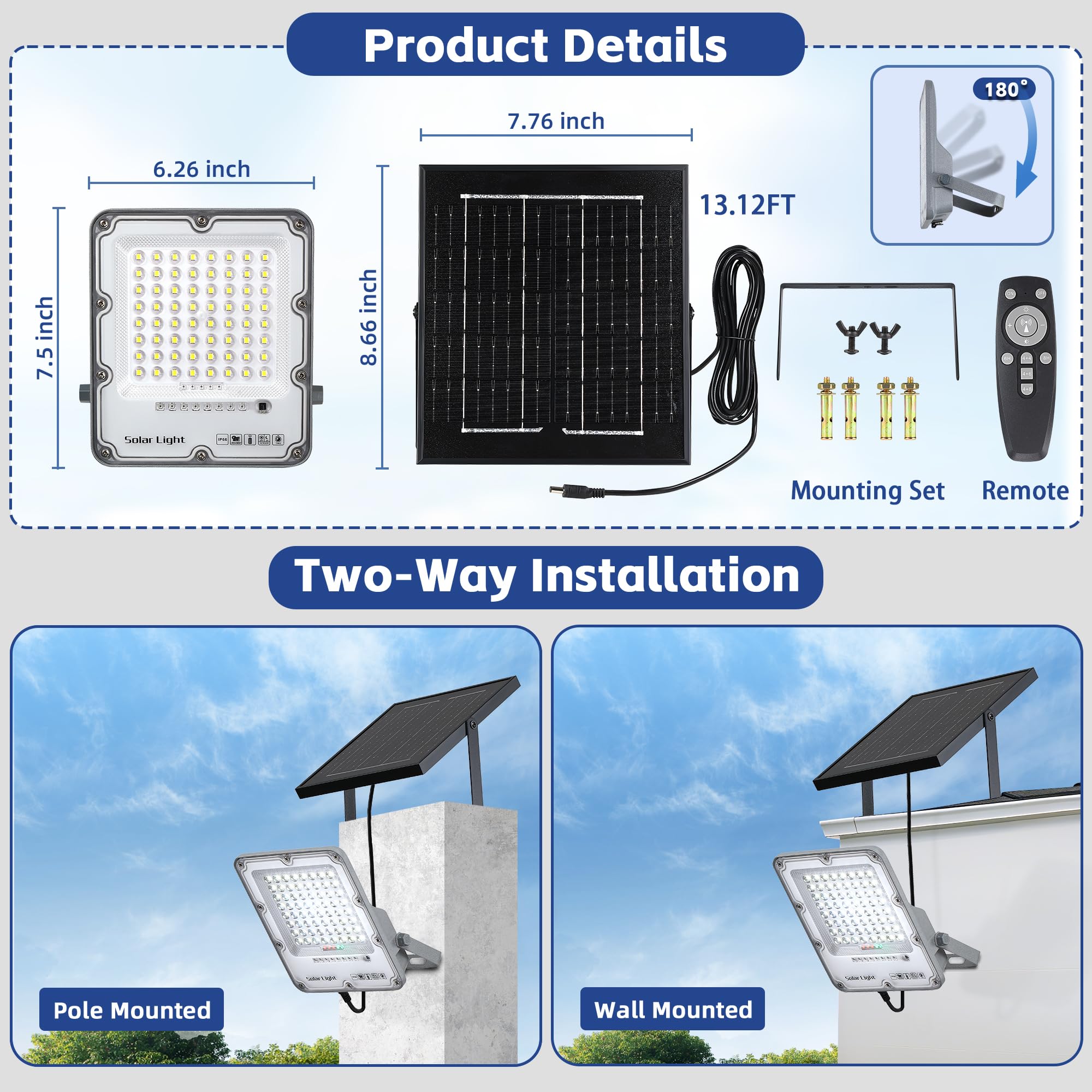 100W Solar Flood Light Outdoor Waterproof  24000Lm 6500K Led Solar Street Light With Remote  Dusk To Dawn Solar-Powered Lamp  Split Type Security Lighting With 13Ft Cable For Parking Lot Yard Garage