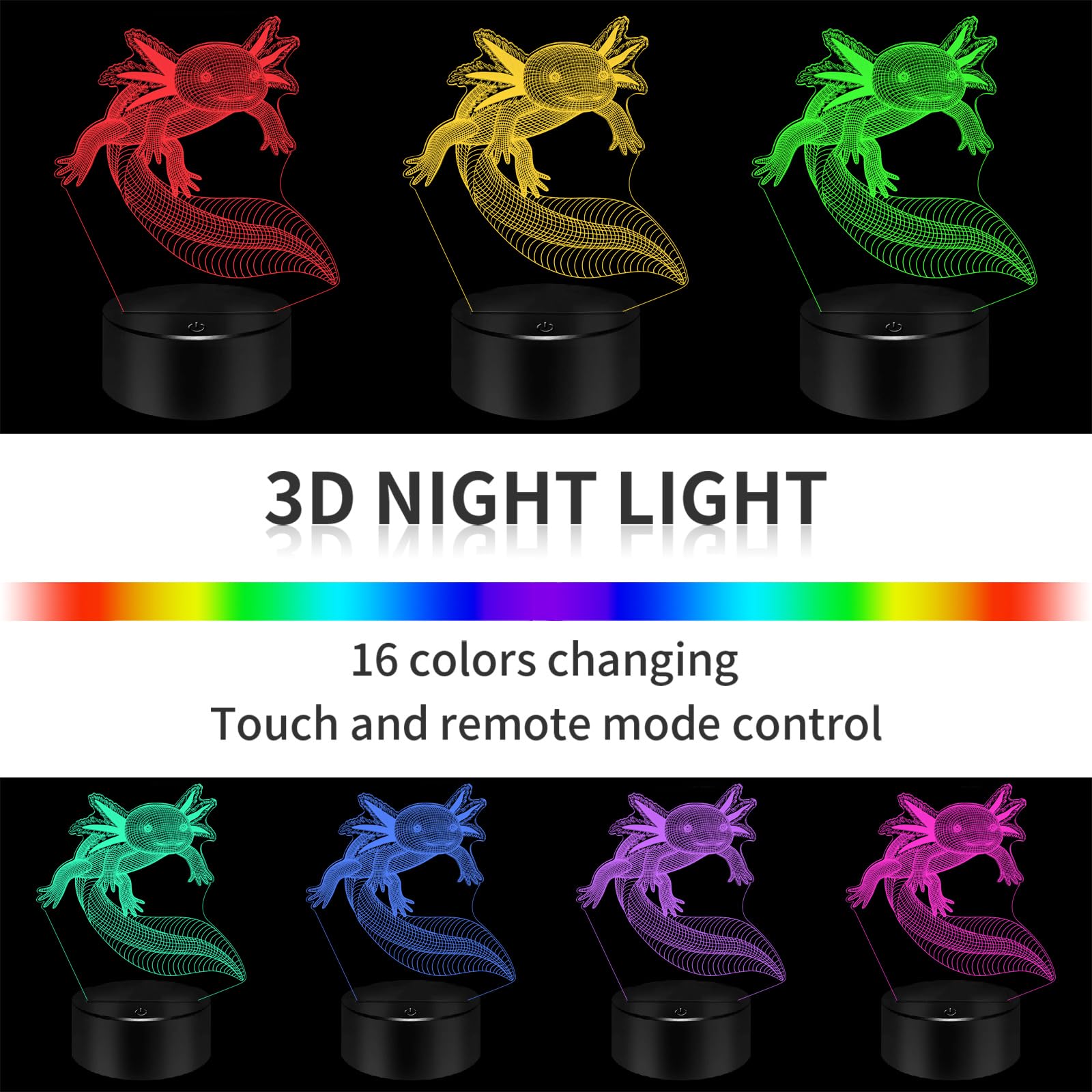 Bassi Axolotl Gifts 3D Axolotl Night Light 3D Illusion Lamp, 16 Colors Changing With Remote Kids Bedroom Decor, Birthday Christm