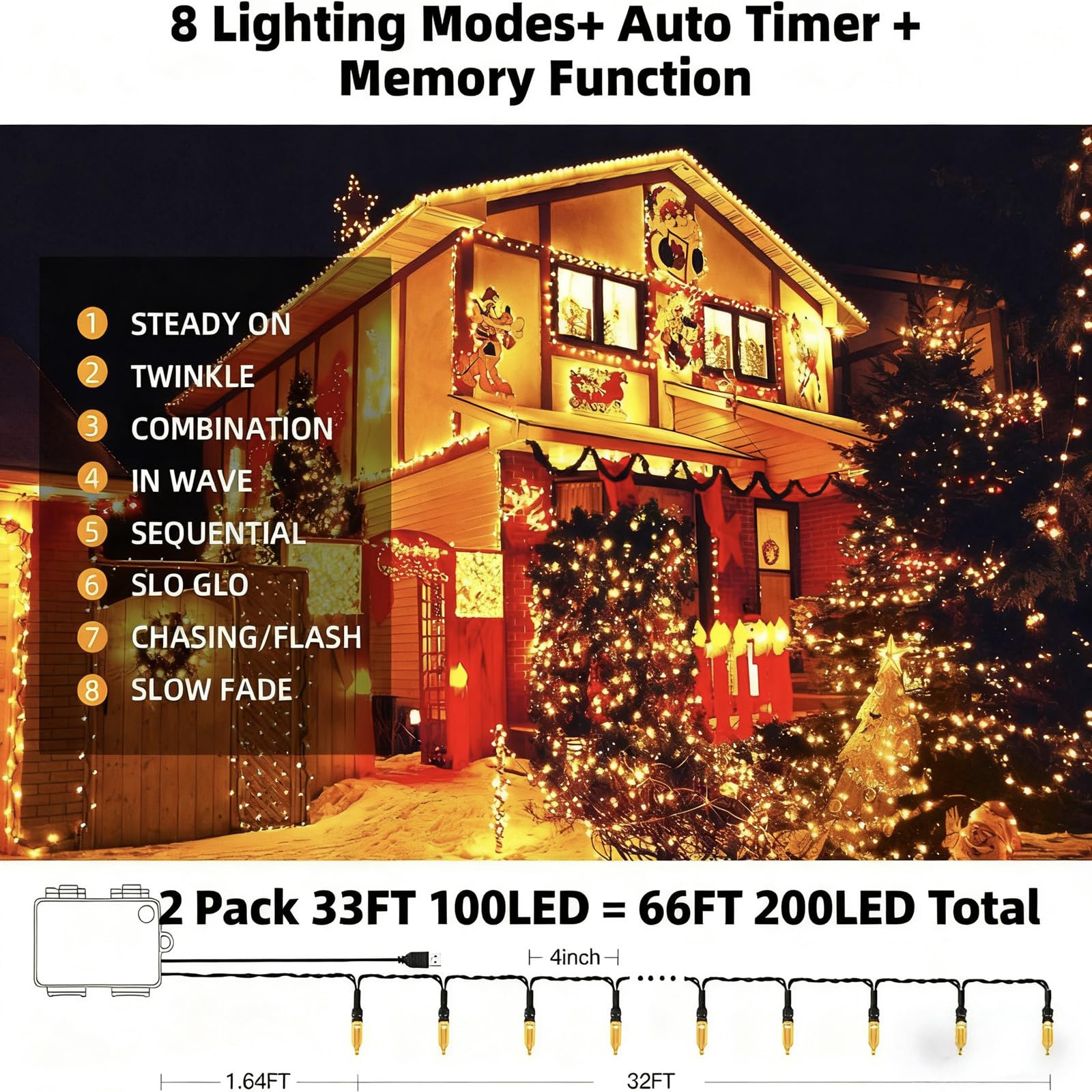 MZD8391 200 LED Christmas Lights, 66ft Battery String Lights, Waterproof, Warm White, Model QL300AE, 2 Pack, Timer & Memory Function