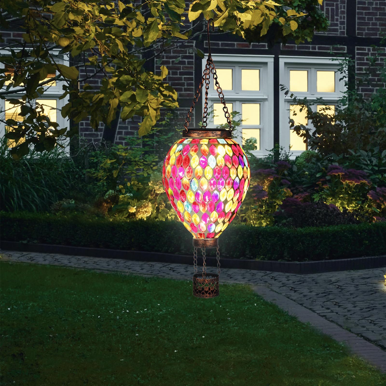 Voreen Hot Air Balloon Solar Lantern  Handmade Mosaic Solar Outdoor Hanging Wind Light  Waterproof  Patio Festive Decor  Gift For Mom Wife Friend  Red