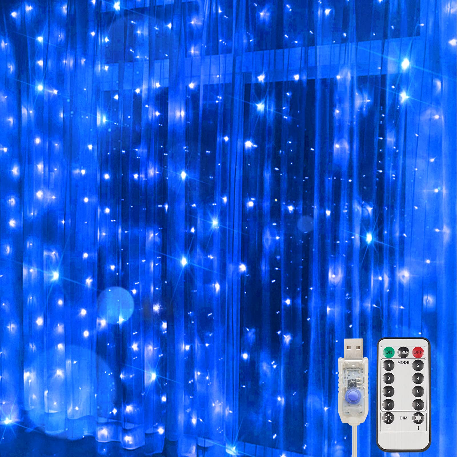 suddus 200 LED Curtain Lights - Blue Waterproof Fairy String Lights for Bedroom, Backdrop, Window, Wall, Party, Model SD-200CUSB