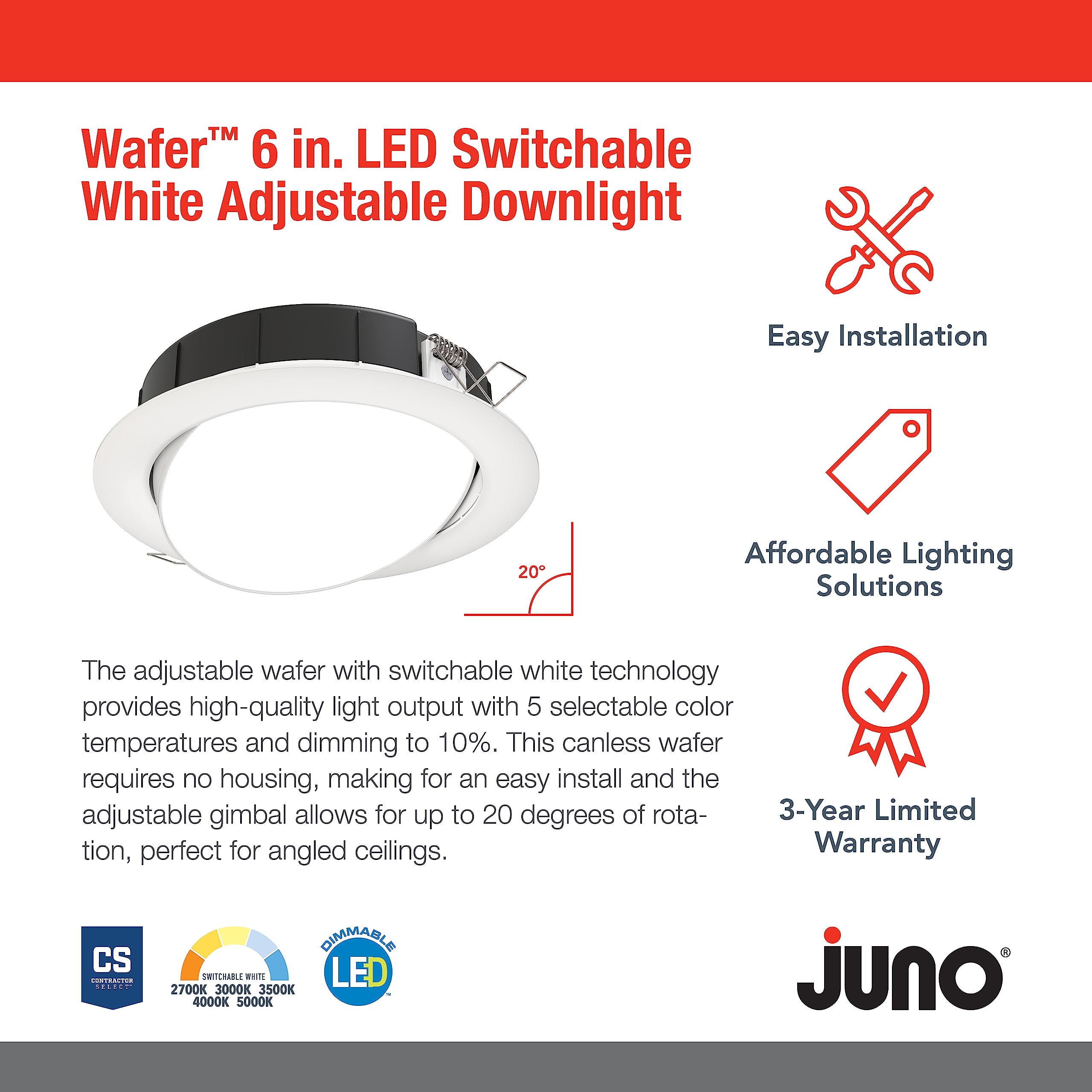 Juno Led Shower Light, Adjustable 6 Inch Wafer Downlight, Switchable Color Temperature 2700K/3000K/3500K/4000K/5000K, 90+ Cri, Matte White, 6-Inch (Wf6 Adj Sww5 90Cri Mw M6)