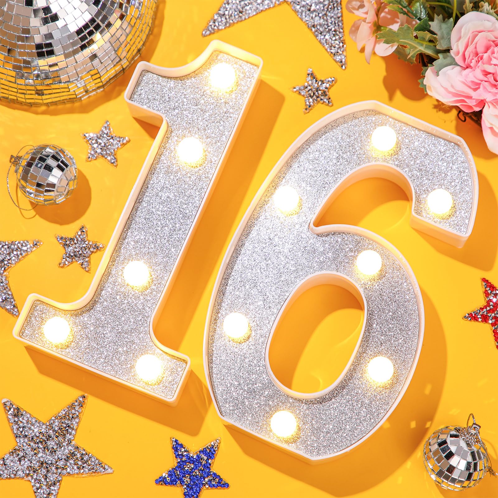 Treela LED Birthday Number Sign, 8.7in  Glitter Marquee for 16th Birthday Party Decorations, Silver