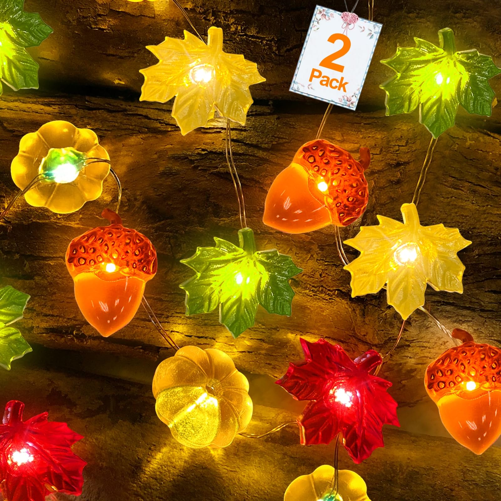 TURNMEON Fall Decor 2 Pack 3D Fall Thanksgiving Pumpkin String Lights Total 40LED/13Ft Thanksgiving Decorations for Home, 3 in 1