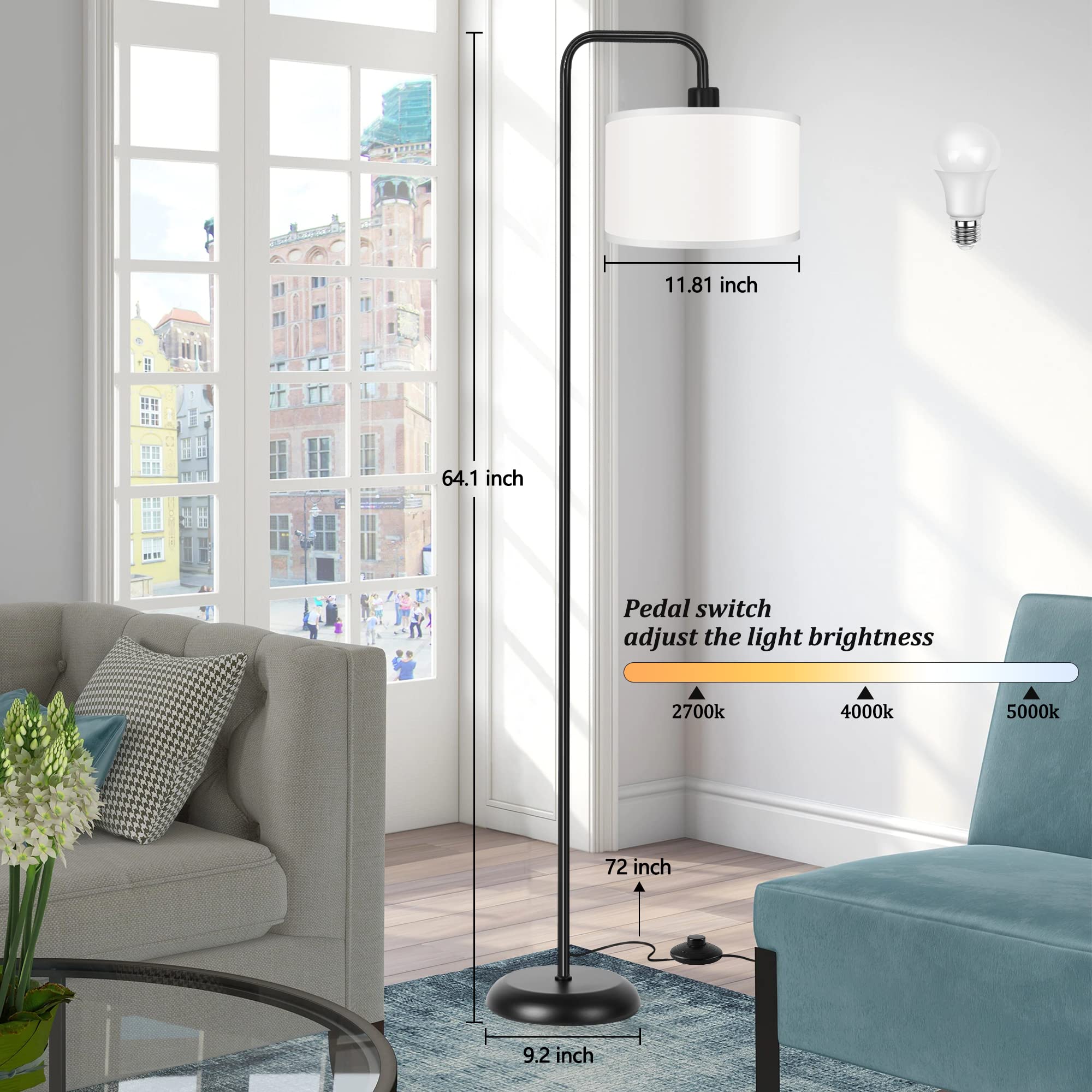 PARTPHONER LED Floor Lamp - 3 Color Temperatures, Foot Switch, Black, 9W Bulb Included, Modern Design for Living Room, Bedroom, Office