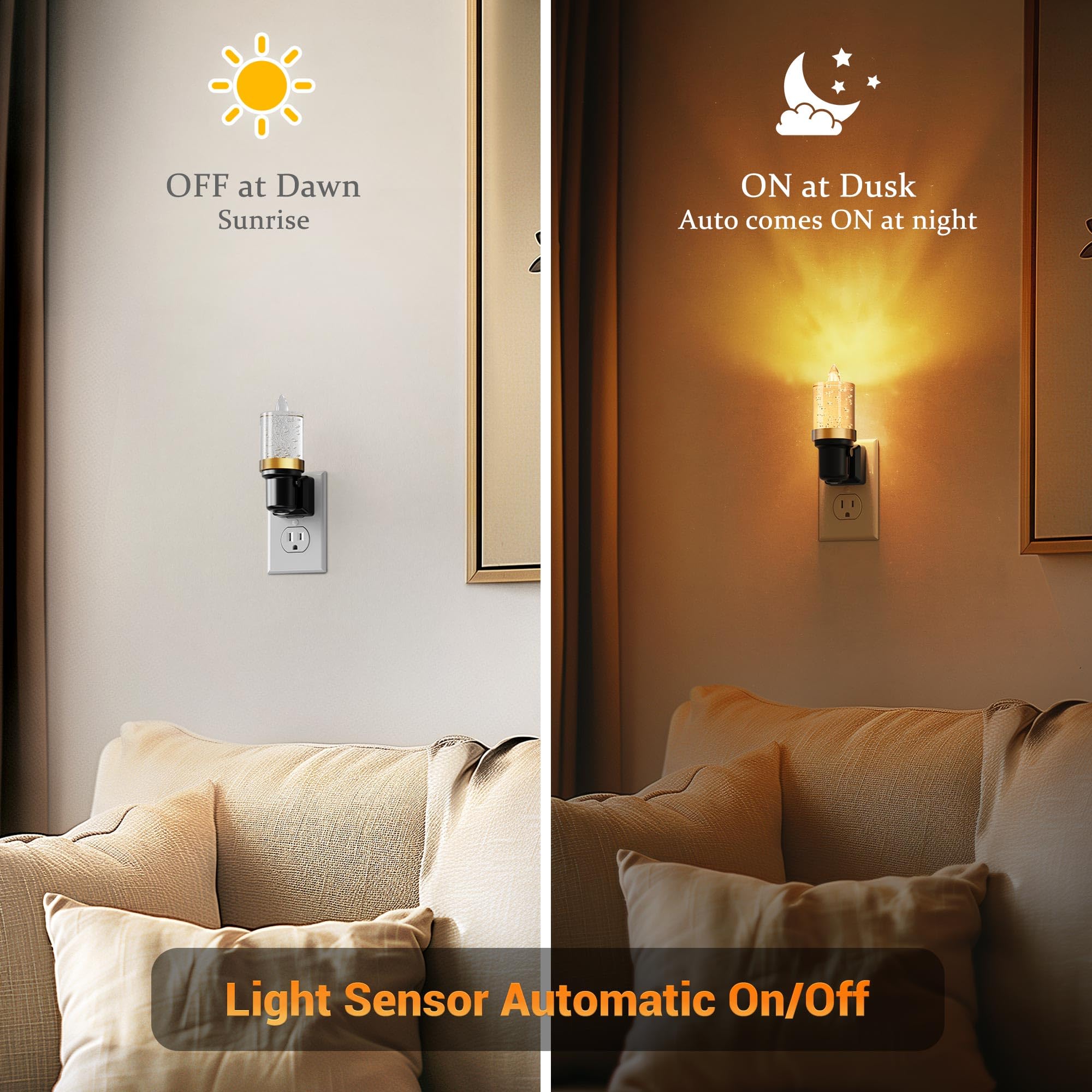 JandCase LED Night Light, Amber Candle Style, Auto On/Off Sensor, Dimmable, 2 Pack, Plastic