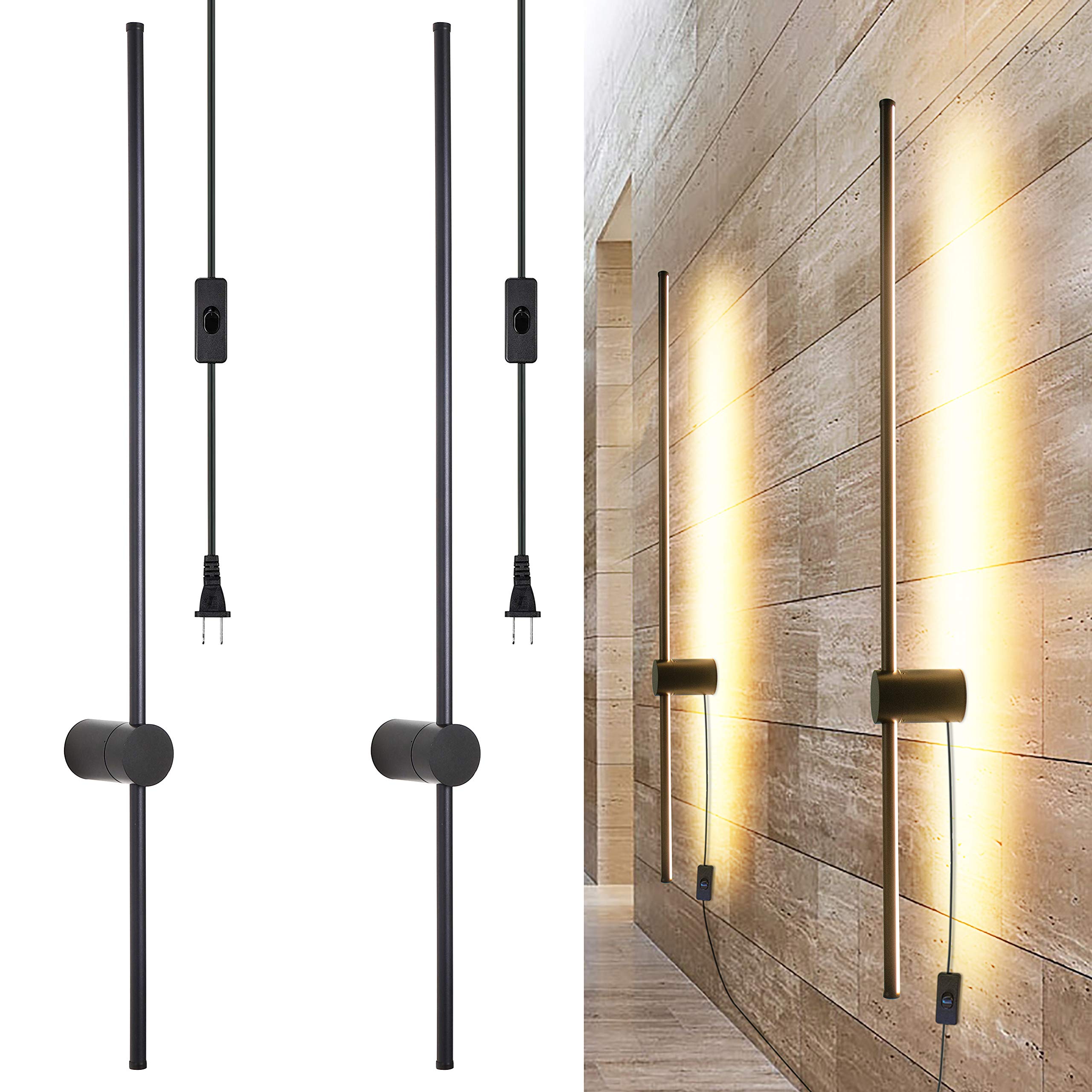 Ditoon Modern Plug In Wall Sconce Set Of 2 Led Black Wall Lights With Plug In Cord On/Off Switch 39 3/8 Inches Warm White Wall M