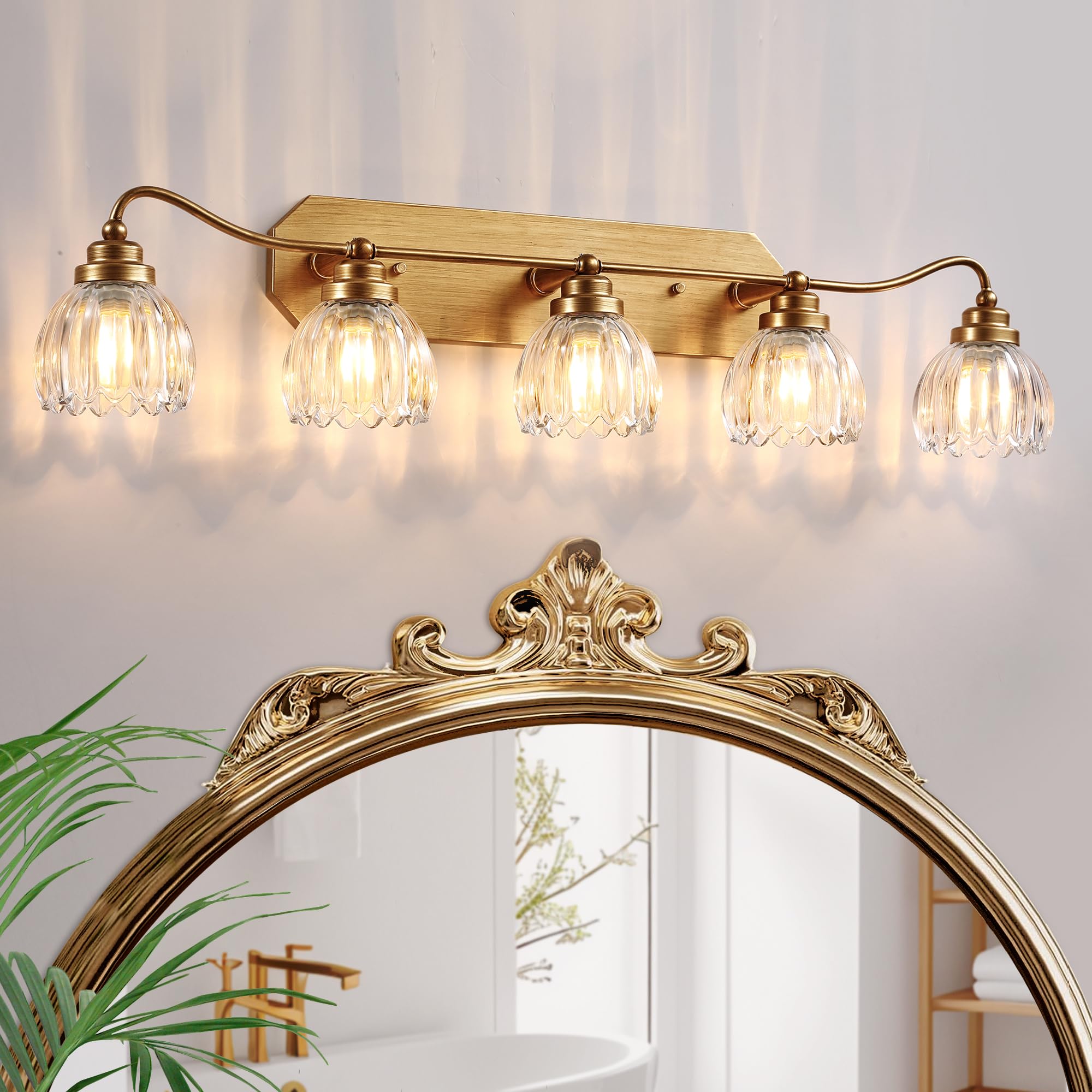 Vintage Bathroom Light Fixtures  5 Light Gold Bathroom Vanity Light  Matte Antique Brass Finish With Crystal Glass Shade  Wall Sconces Lighting For Bedroom  Living Room  Hallway