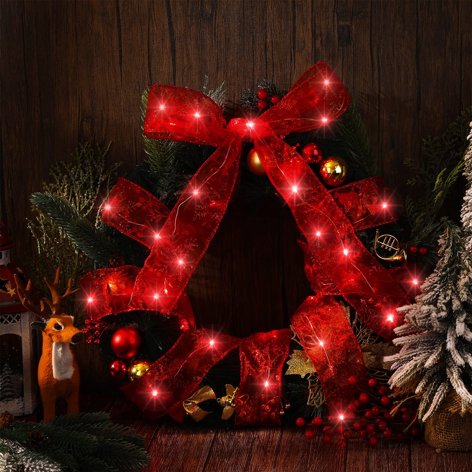 Christmas Ribbon Lights Christmas Lights 16.4 Ft Glow Christmas Tree Ribbon Battery Operated Indoor String Lights For Outdoor Xmas Holiday Party Wedding Garland Lighted Decoration (Red)