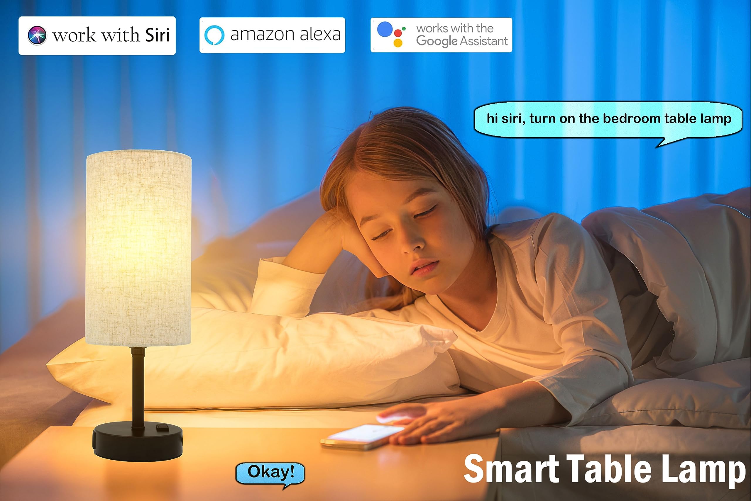Eytueo Smart Table Lamp with HomeKit, Alexa & Google Assistant, USB Charging Ports, Beige, Model M-1