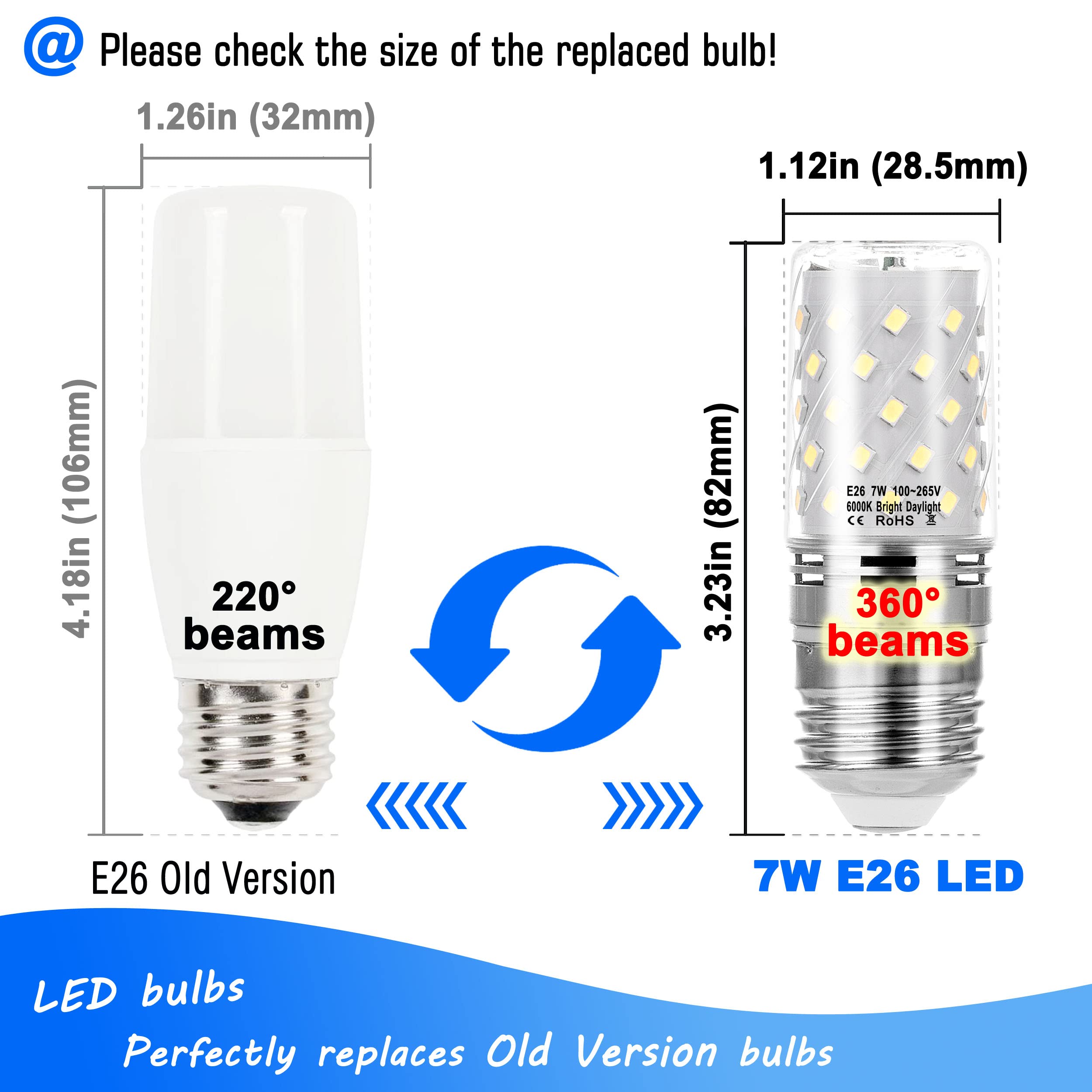 Heifymi E26 60 Watt Replacement Led Candelabra Corn Bulbs, E26 7W 6000K Bright Daylight White Led Ceiling Fan Bulbs 750Lm, E26 B