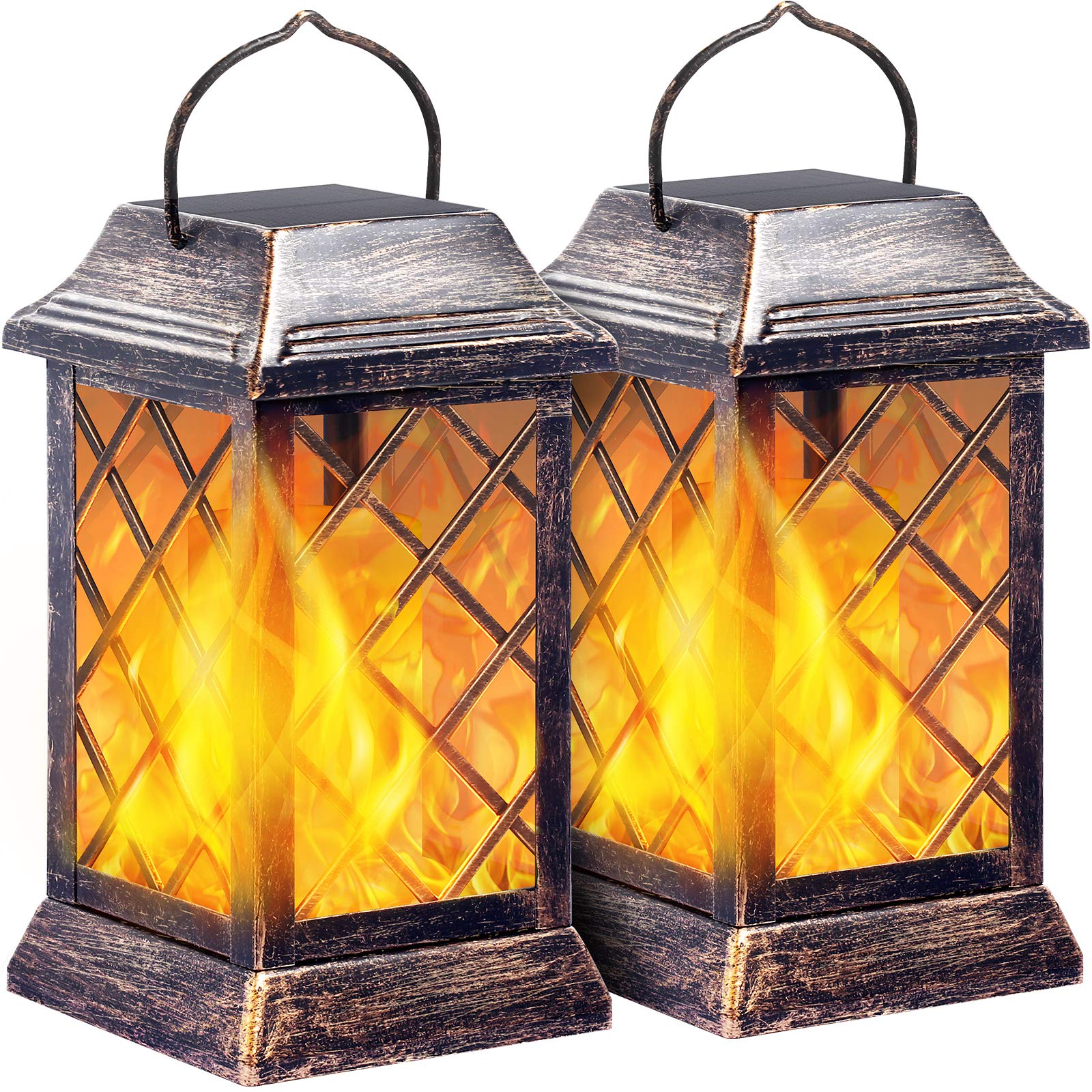 TomCare Solar Lanterns, 2 Pack, Metal, Waterproof, Flickering Flame, Bronze, Model SZ-20015