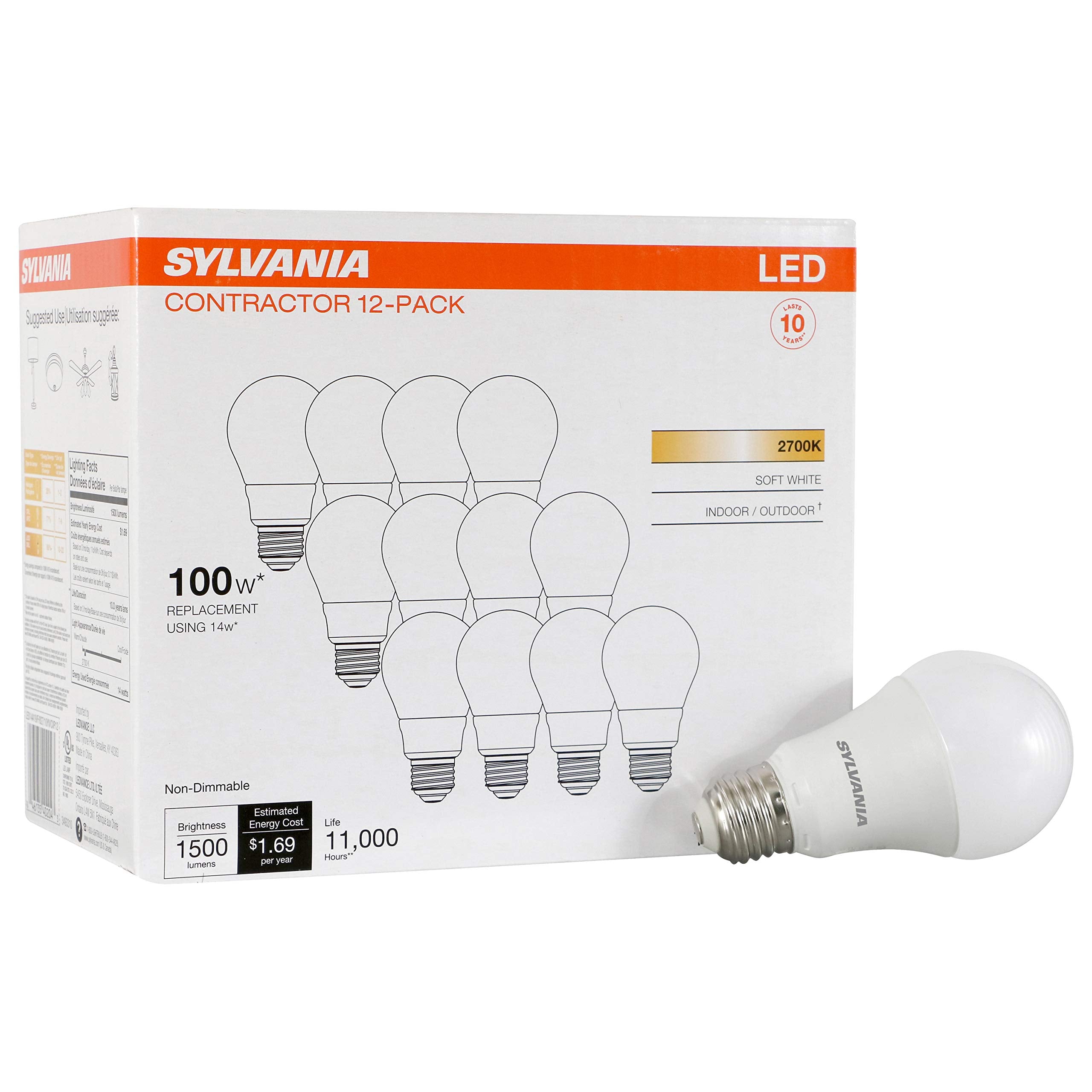 Sylvania Led A19 Light Bulb, 100W Equivalent, Efficient 14W, Frosted, 1500 Lumens, 2700K, Soft White - 12 Pack (40204)