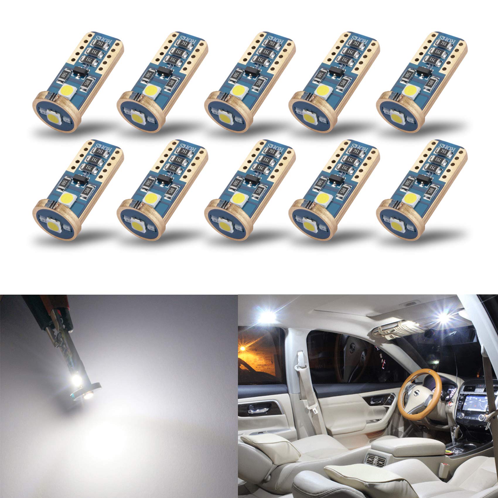 iBrightstar T10 LED Bulbs for Car Interior Dome Map Door Lights, Xenon White, Aluminum, Model T10-3030-3W
