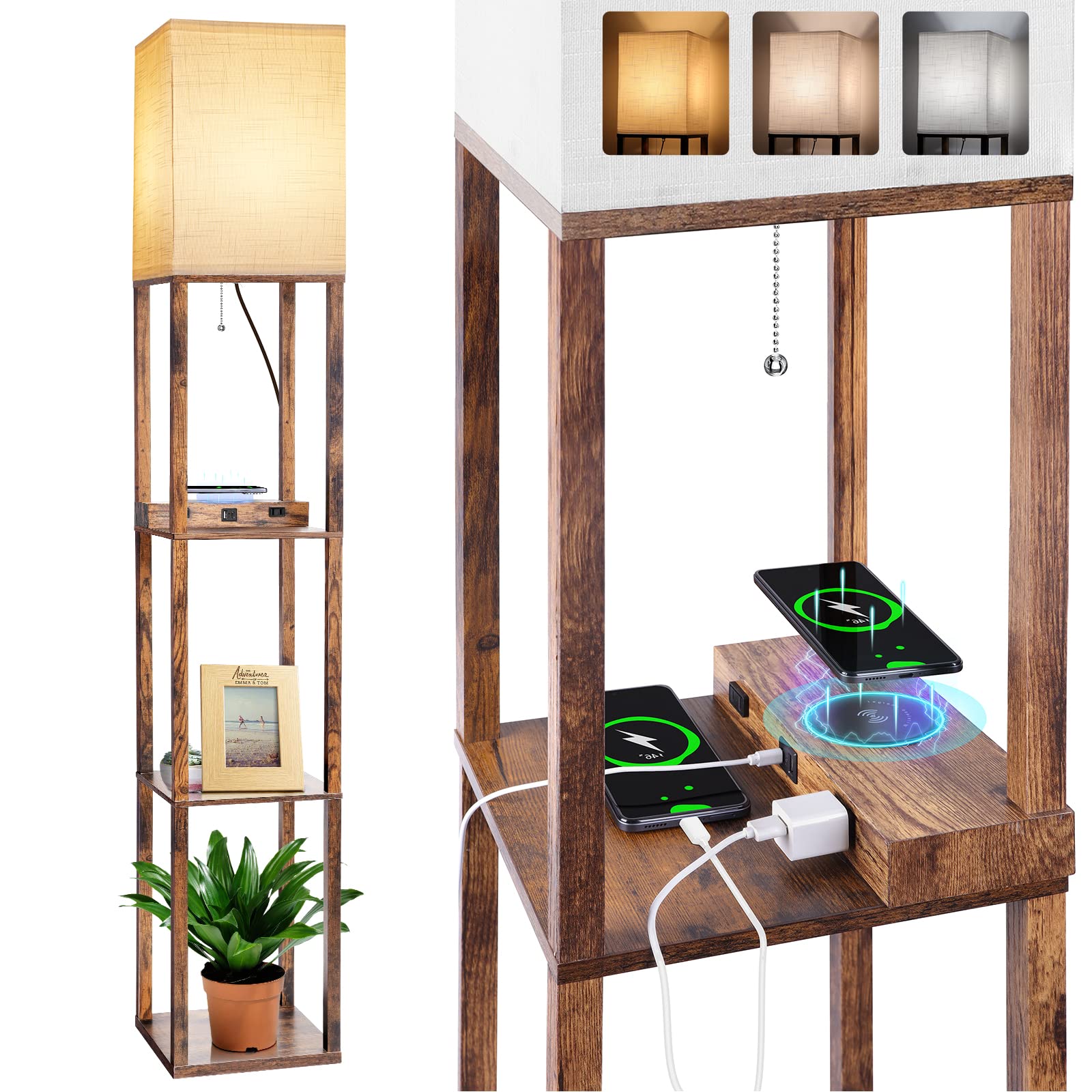 Dott Arts Floor Lamp with Shelves, Wireless Charger, 2 AC Outlets, Brown, 10.2in Wide, Model WLM1600-FLA-8W-06
