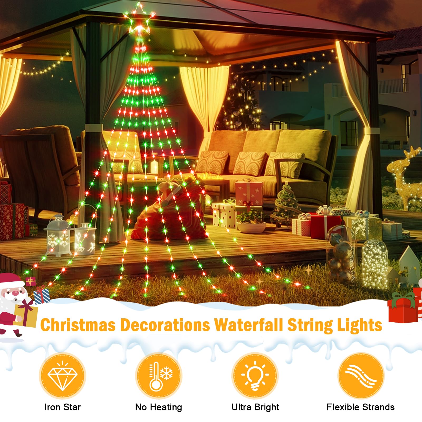 Christmas Decorations Star String Lights - 344 Led 11.8Ft 9 Strands Waterfall Tree Lights With Topper Star, 8 Lighting Modes Ind