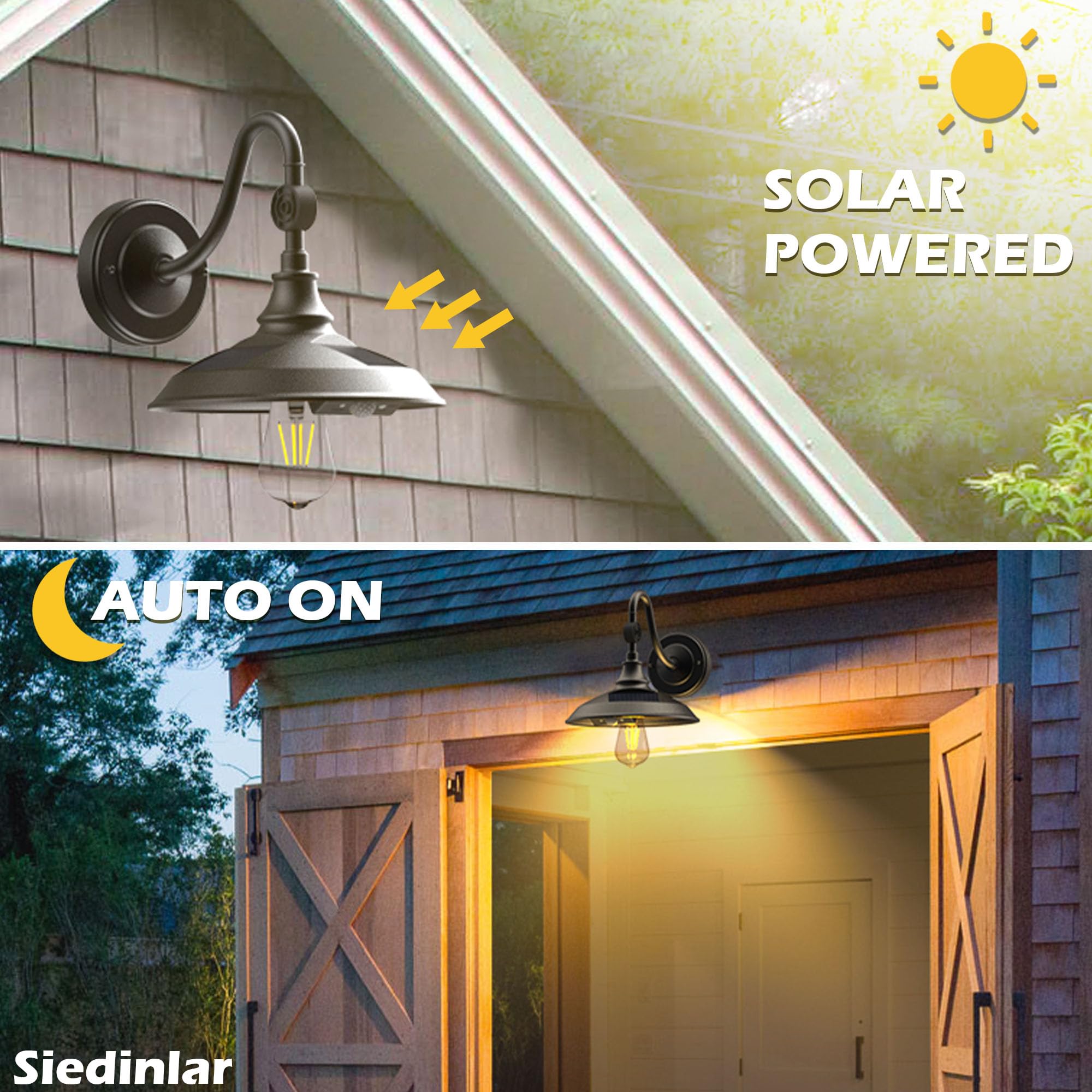 SIEDiNLAR Solar Barn Light - 3 Modes, Waterproof, Aluminum, Black, 2 Pack, Model SD033B-2PK