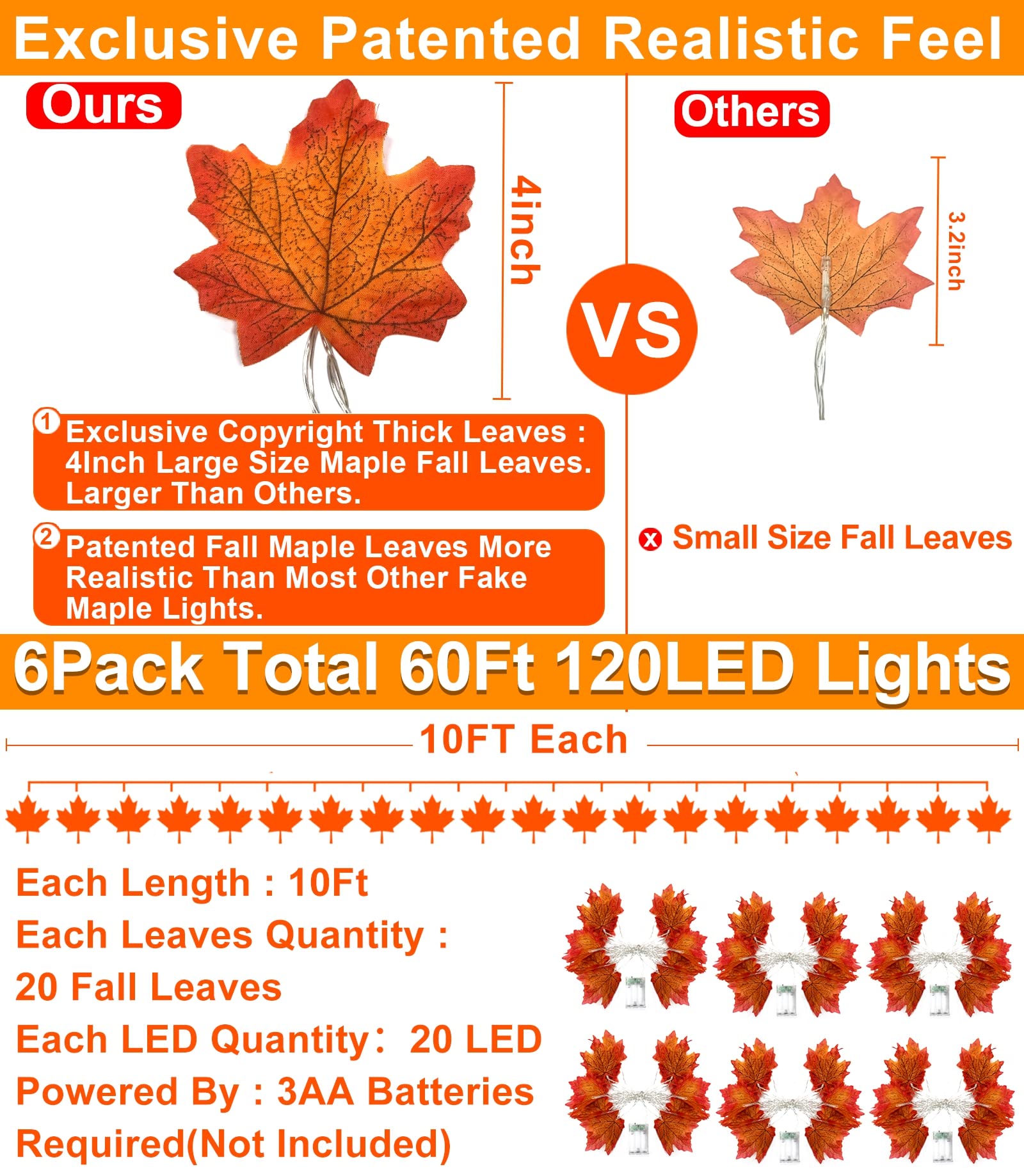 Turnmeon 6 Pack Thanksgiving Decorations Enlarged Maples Leafed Fall Decorations For Home Fall Lights Thick Leafs Garlands, Total 60Ft 120Led Battery Operated Waterproof Halloween Decor Indoor Outdoor