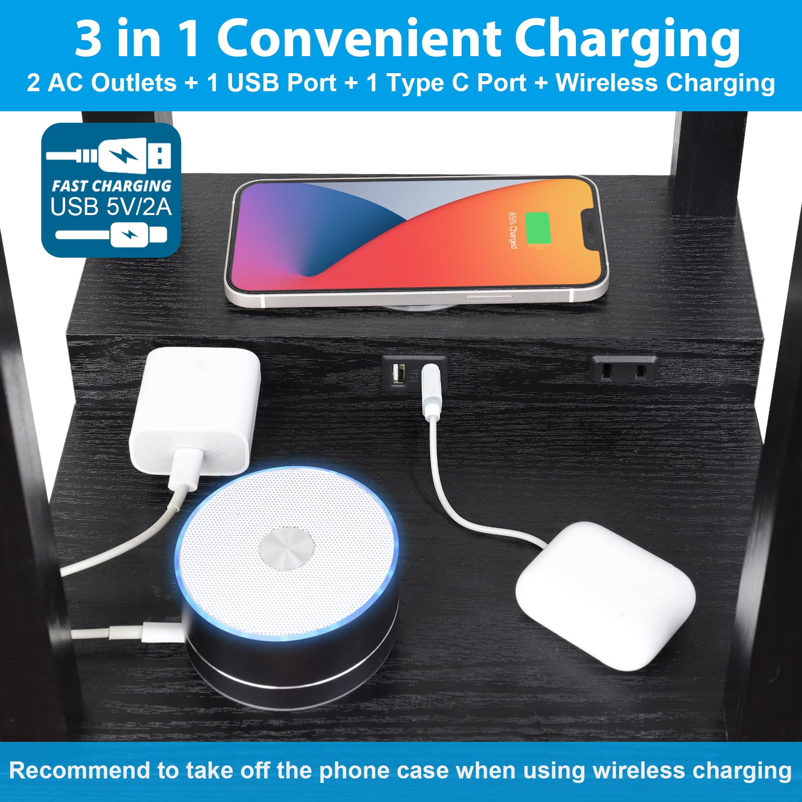 Mlambert Modern LED Floor Lamp with Wireless Charger, 2 USB Ports & 2 Outlets, 3-Tier Storage, Black, Model A-092