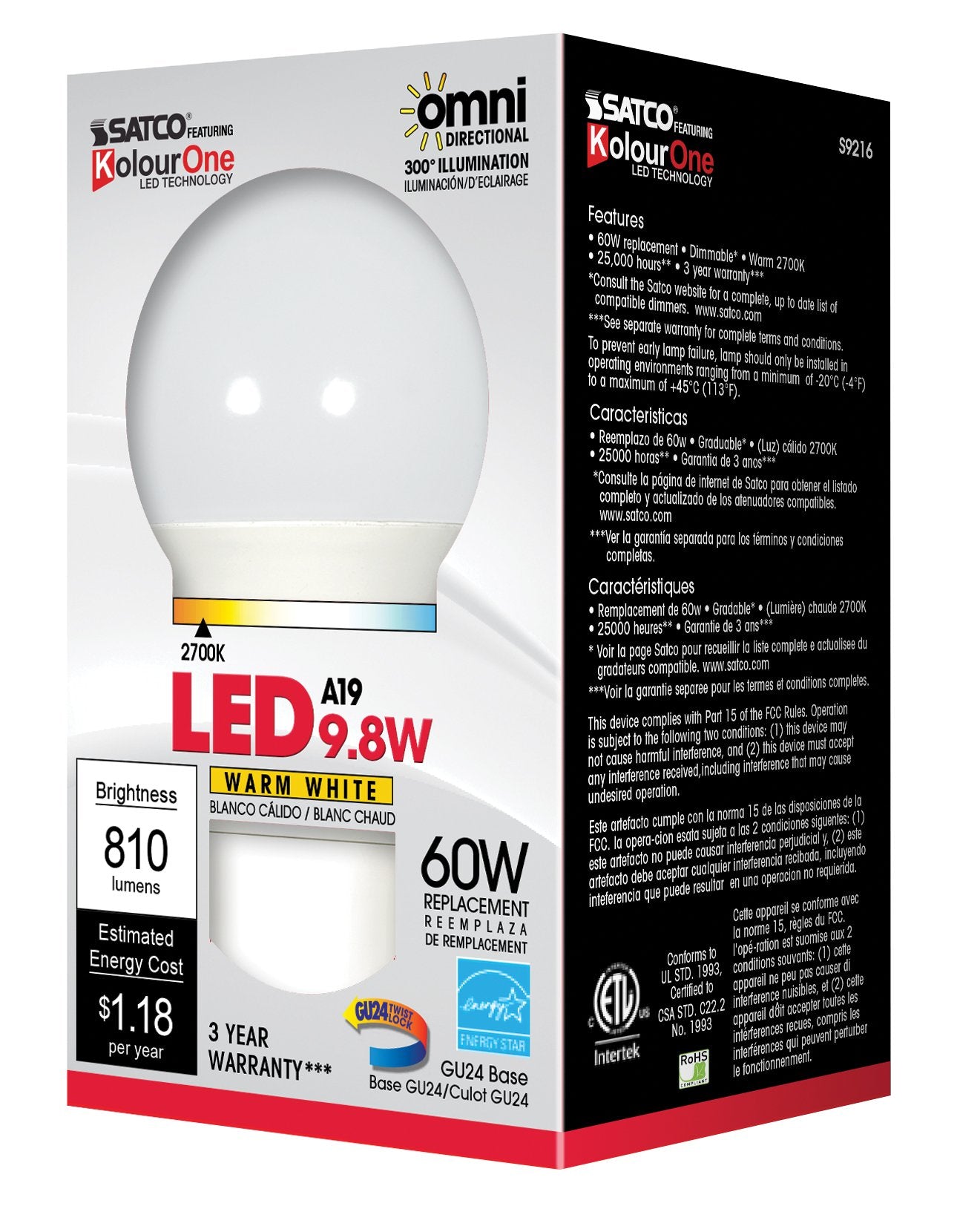 Satco A19 LED Frosted Light Bulb, 9.8W, Gu24 Base, 2700K, Model S9216, Copper, 4.5 Size