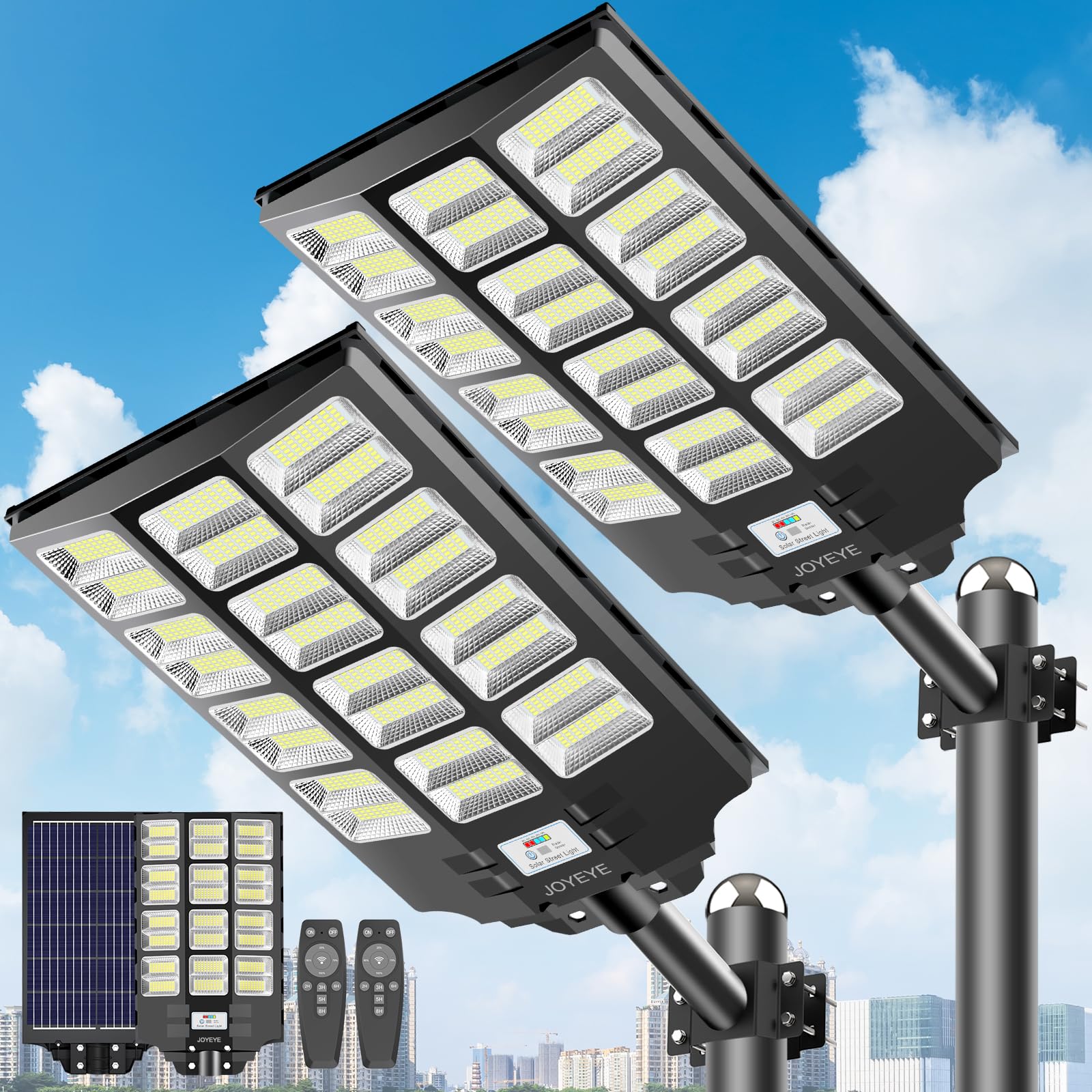 Joyeye Solar Street Light 6000W, Solar Street Light Outdoor High Lumens, Solar Parking Lot Lights 6500K, Solar Lights Outdoor Motion Sensor Dusk To Dawn For Parking Lot, 2 Pack