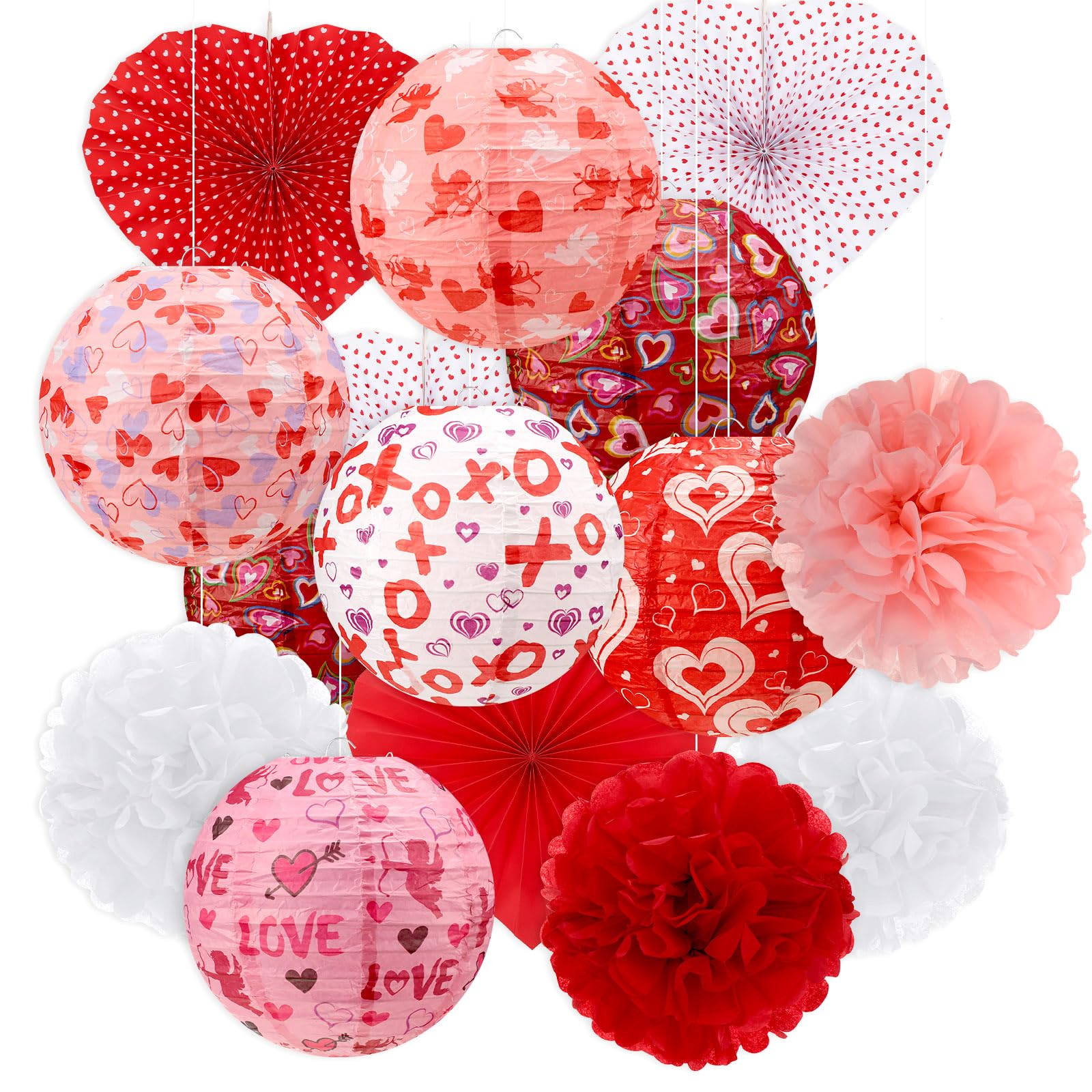 18 Pcs Valentines Day Party Hanging Decorations, Heart Hanging Paper Lanterns Pink Round Honeycomb Ball Love Paper Fans for Vale