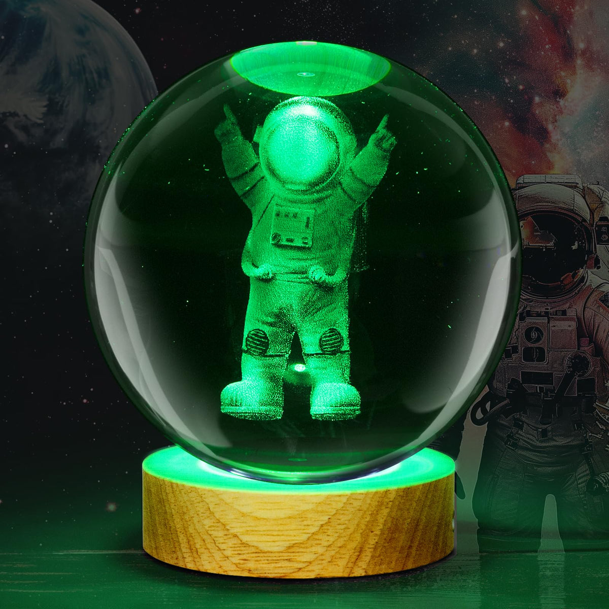 ZQAOFKC Large Crystal Ball 3D Astronaut Lamp, 3.15 inch Crystal Lamp 7 Color Changing Night Light with Wooden Base for Bedroom D