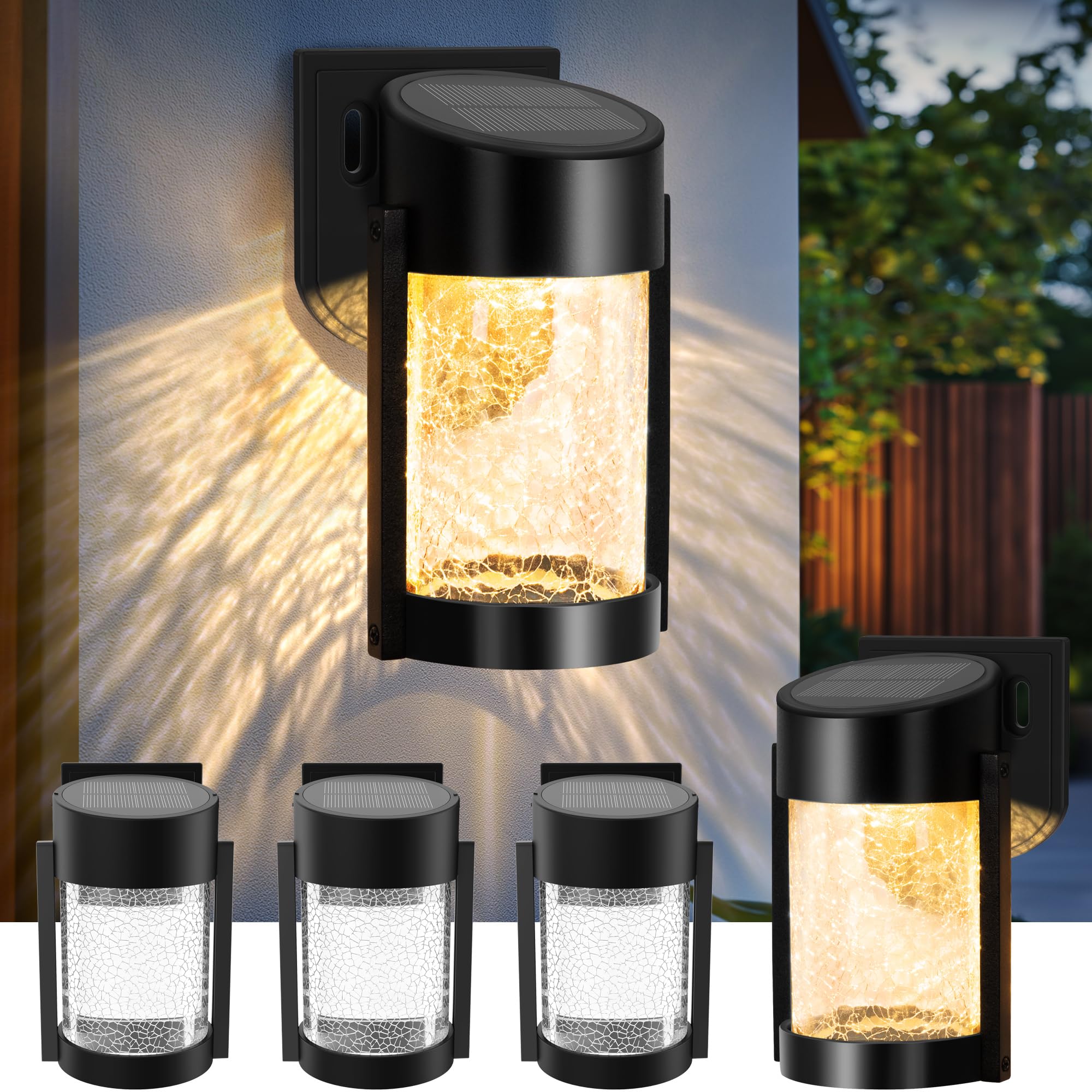 PEVOROS 4 Pack Solar Wall Lights Outdoor, IP65 Waterproof Wall Light for Porch, Fence, Shed, Barn, Patio, Glass Crackle Lampshad